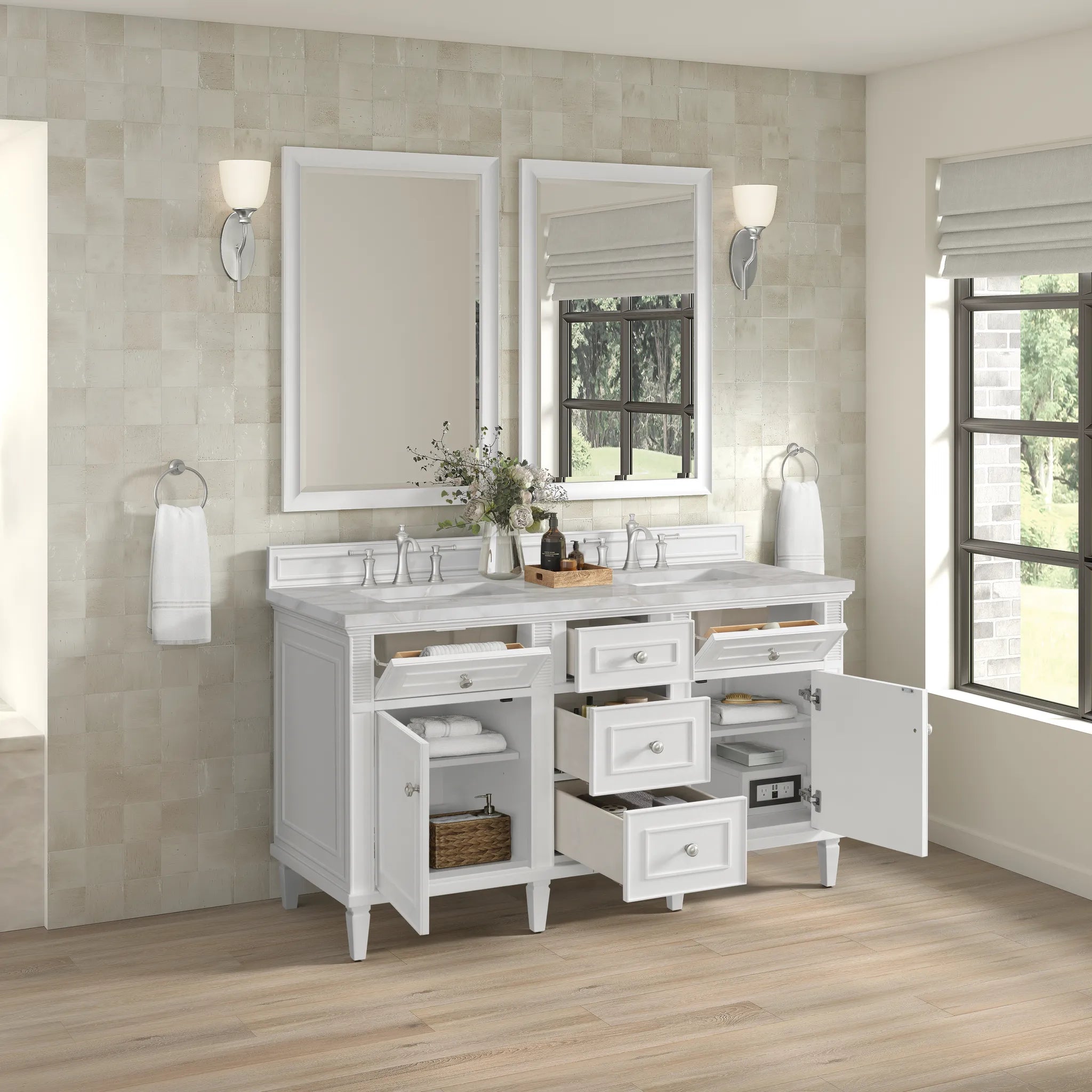 60" Lorelai Double Vanity in Bright White w/FreePower Wireless Charger-Victorian Silver Silestone-8" Widespread image 8
