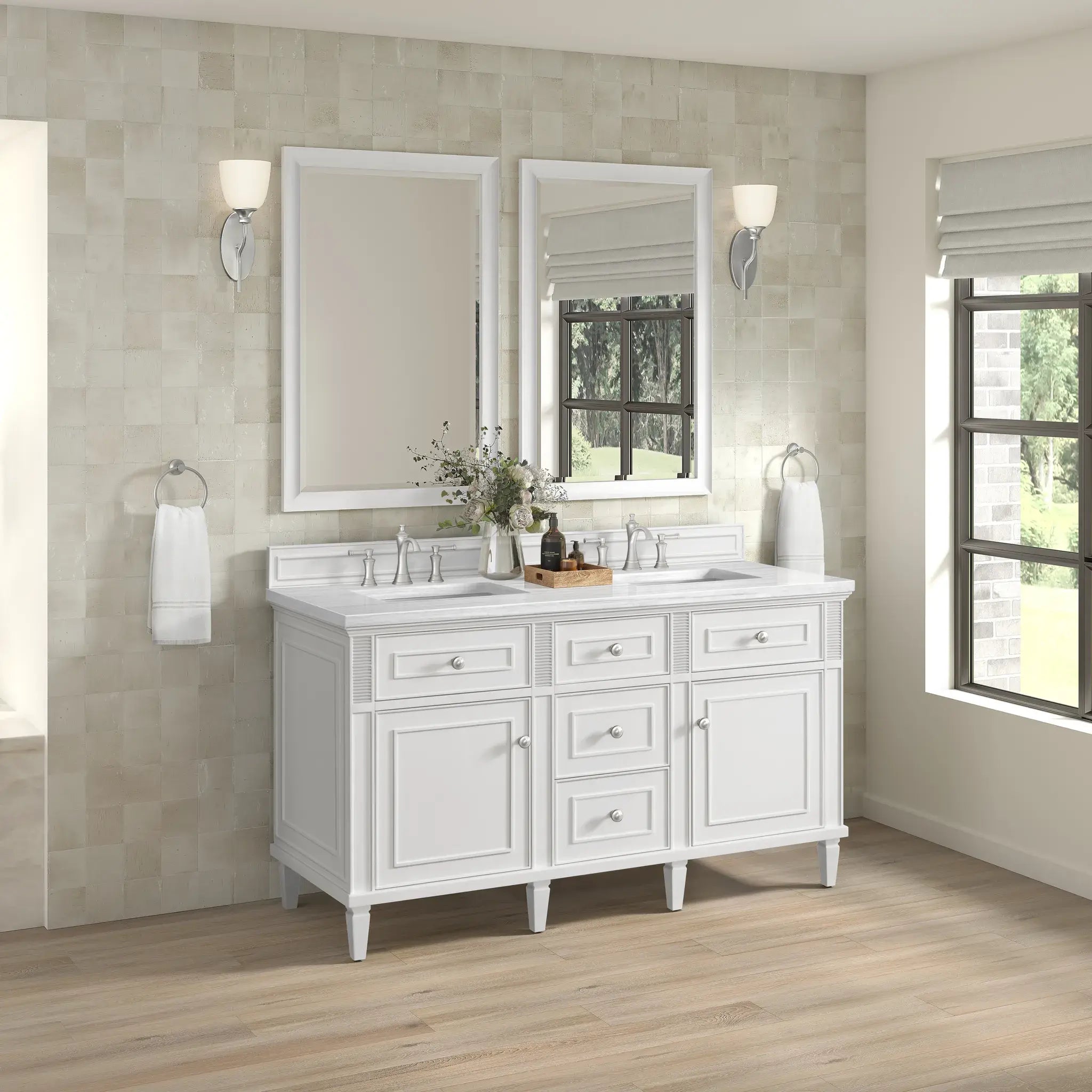 60" Lorelai Double Vanity in Bright White-White Zeus Silestone-8" Widespread image 4