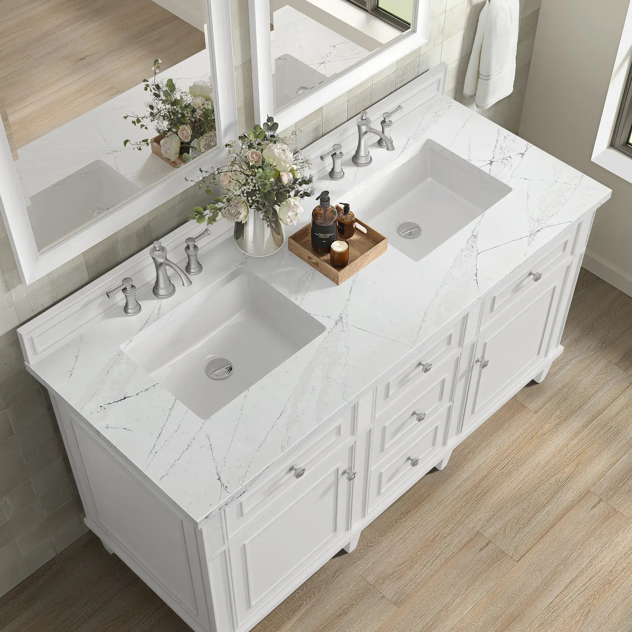 60" Lorelai Double Vanity in Bright White-White Zeus Silestone-8" Widespread image 7