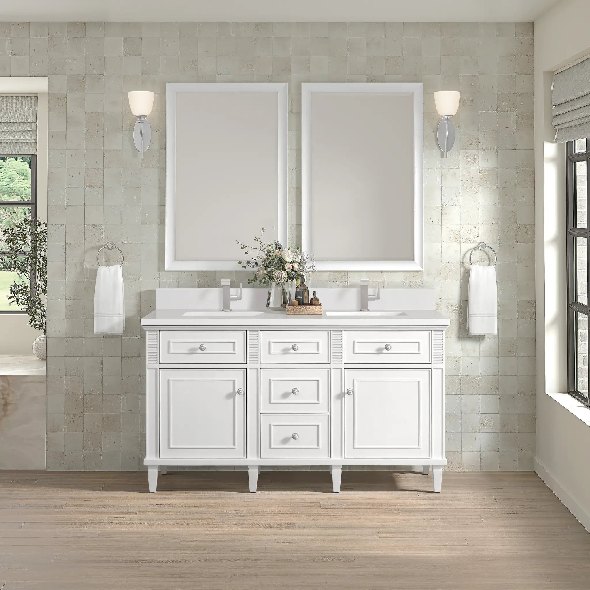 60" Lorelai Double Vanity in Bright White-White Zeus Silestone & Backsplash-Single Hole image 1