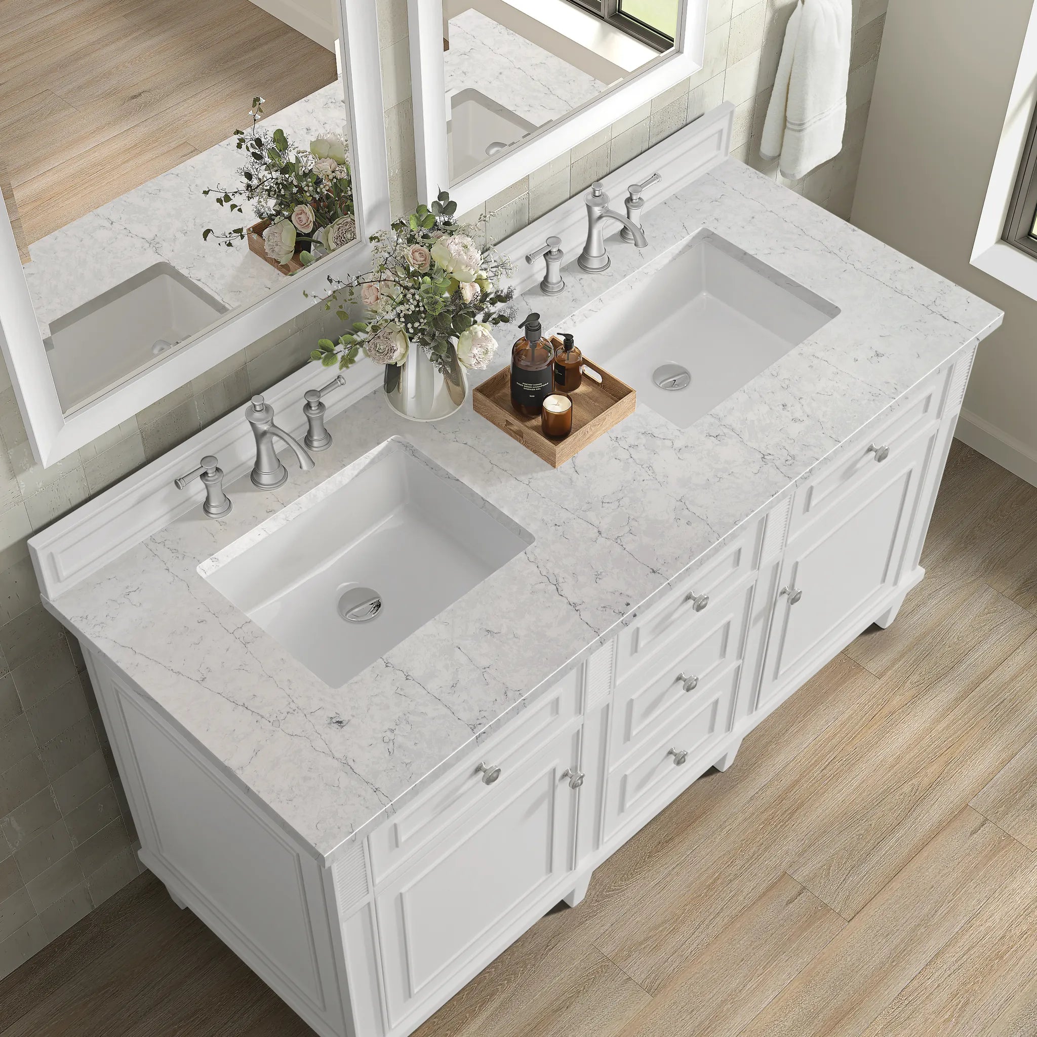 60" Lorelai Double Vanity in Bright White Wireless Charger-Eternal Jasmine Pearl Silestone-8" Widespread image 10