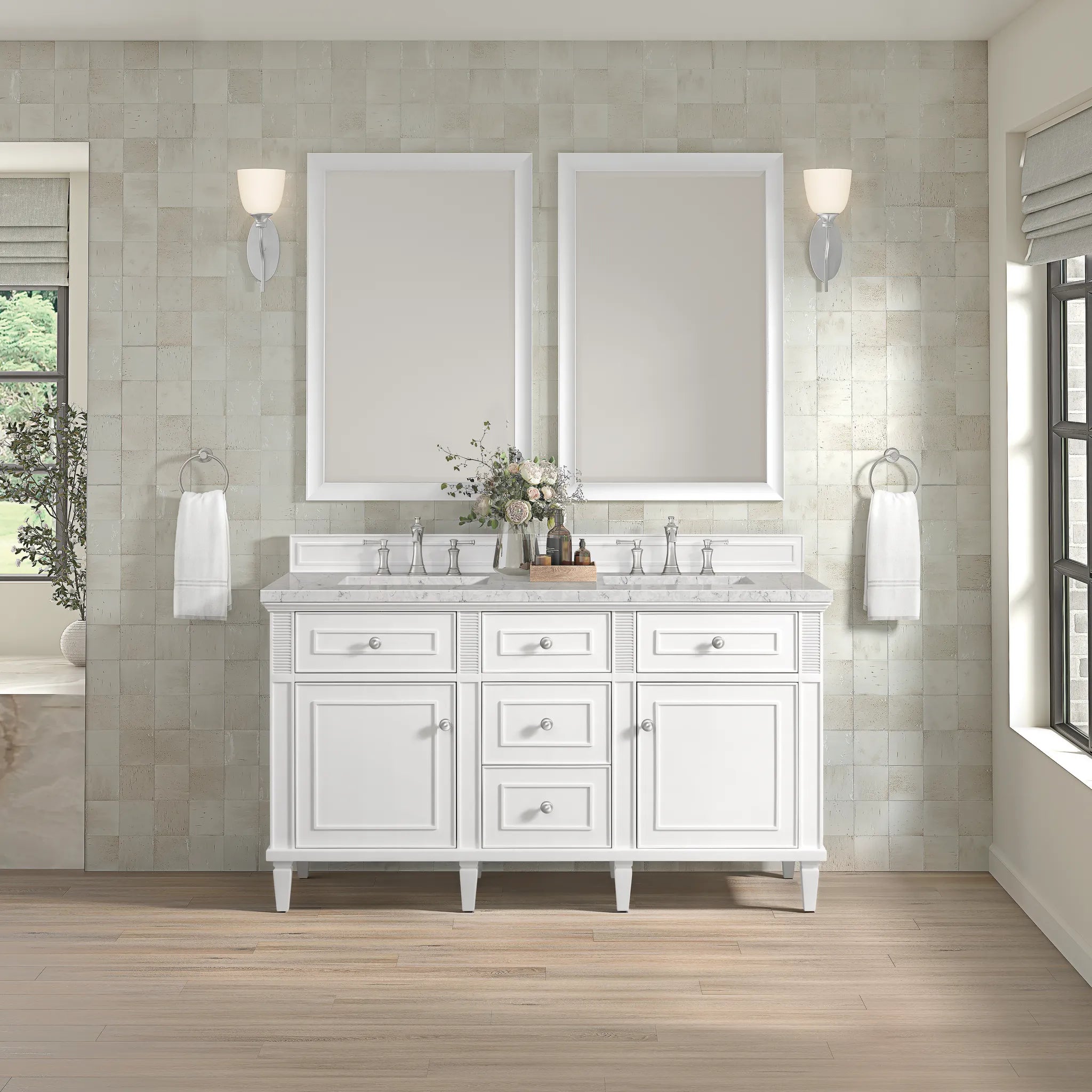 60" Lorelai Double Vanity in Bright White Wireless Charger-Eternal Jasmine Pearl Silestone-8" Widespread image 6