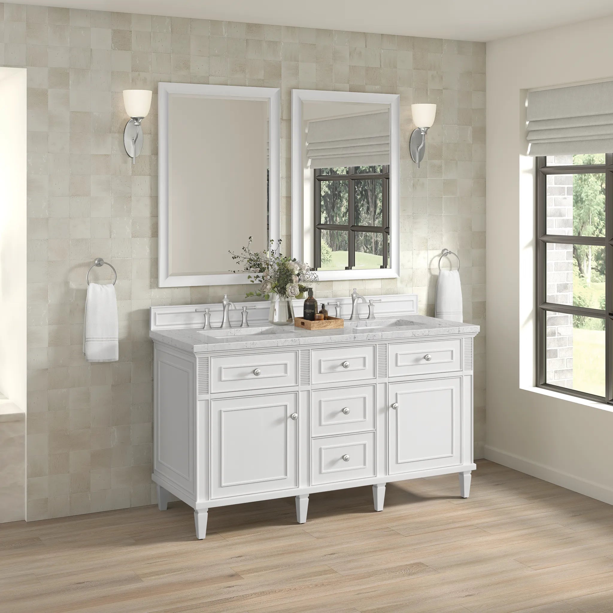 60" Lorelai Double Vanity in Bright White Wireless Charger-Eternal Jasmine Pearl Silestone-8" Widespread image 7