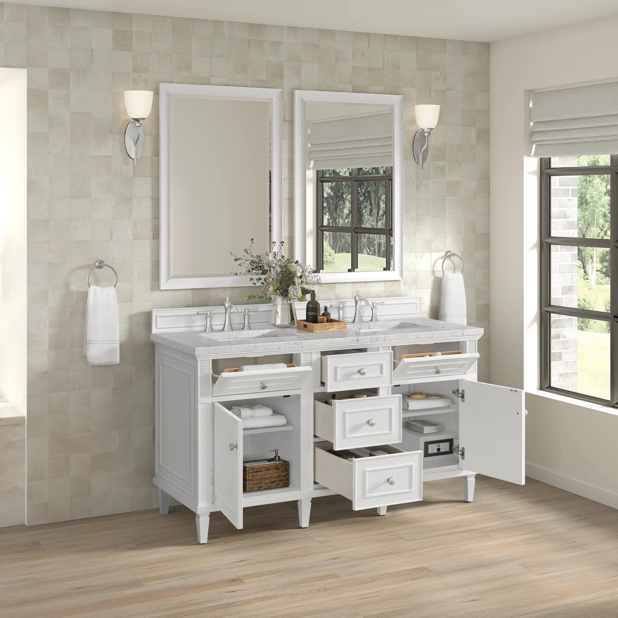 60" Lorelai Double Vanity in Bright White Wireless Charger-Eternal Jasmine Pearl Silestone-8" Widespread image 8