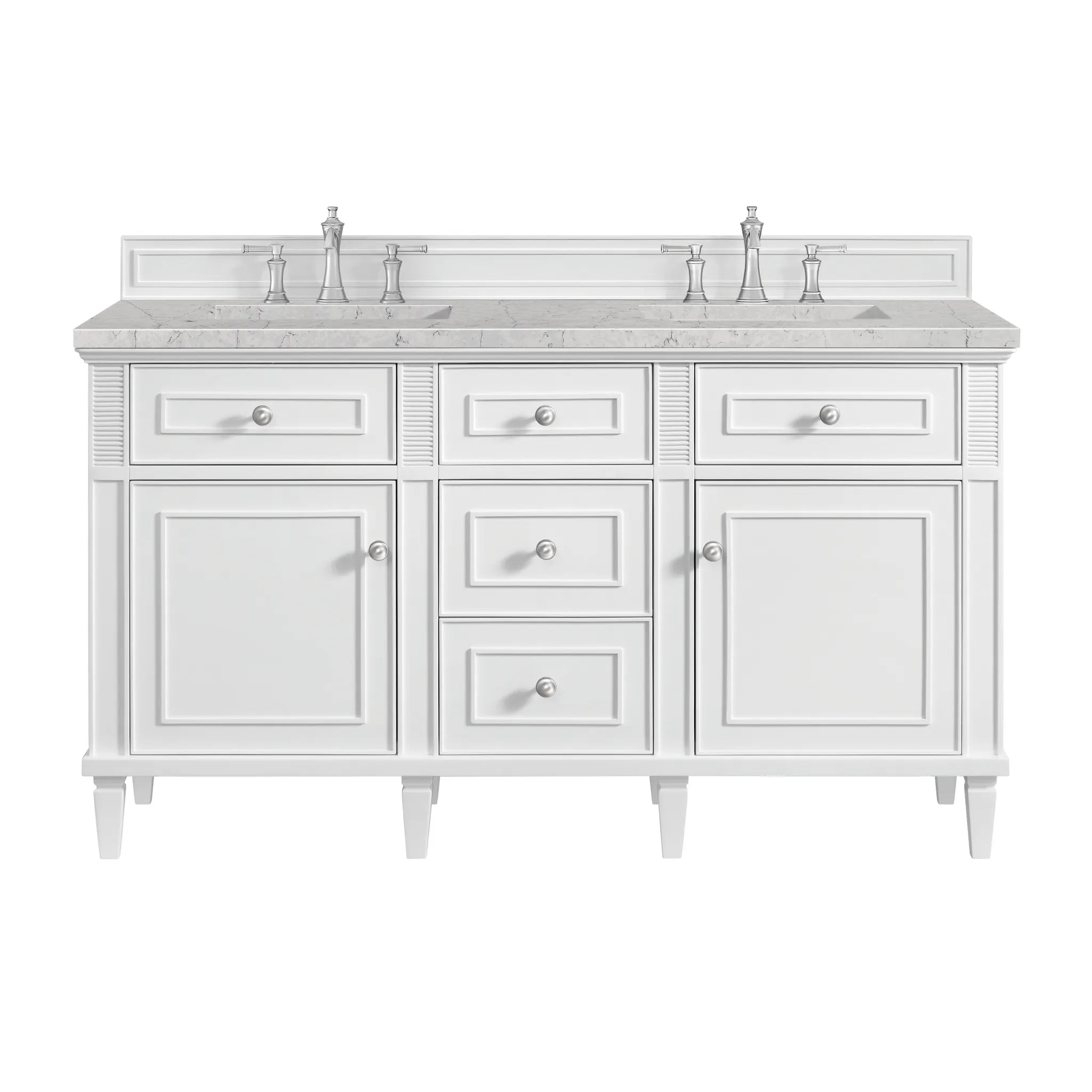 60" Lorelai Double Vanity in Bright White Wireless Charger-Eternal Jasmine Pearl Silestone-8" Widespread image