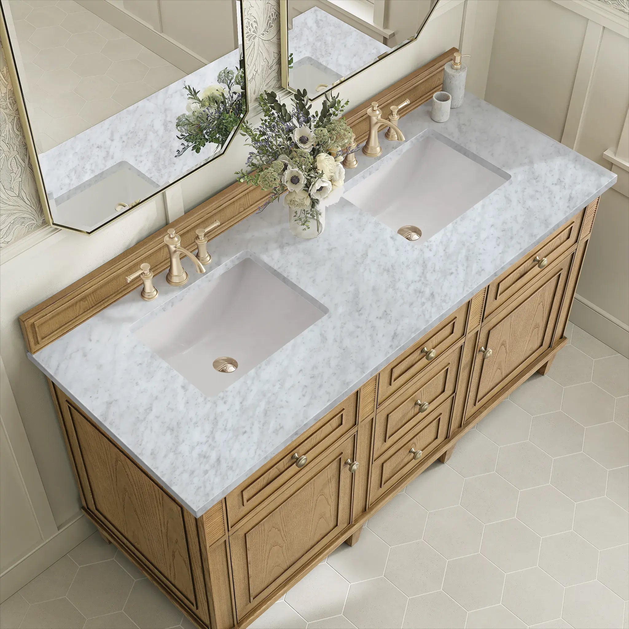 60" Lorelai Double Vanity in Light Natural Oak-Carrara White Marble-8" Widespread image 6