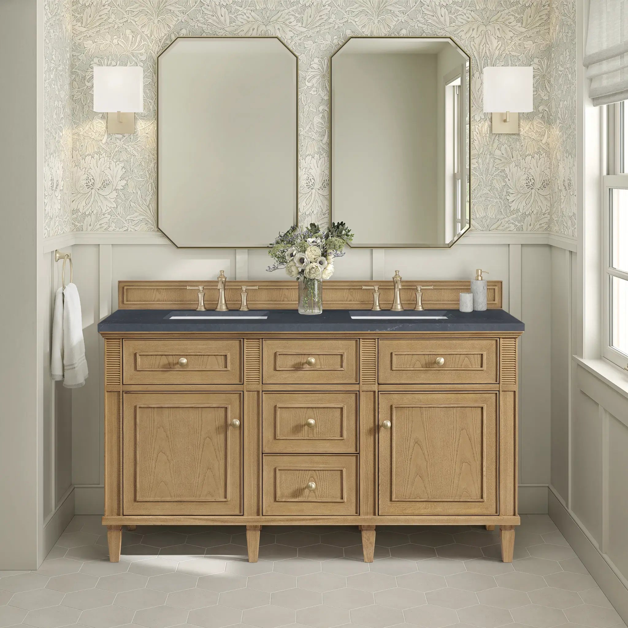 60" Lorelai Double Vanity in Light Natural Oak-Charcoal Soapstone Silestone-8" Widespread image 2