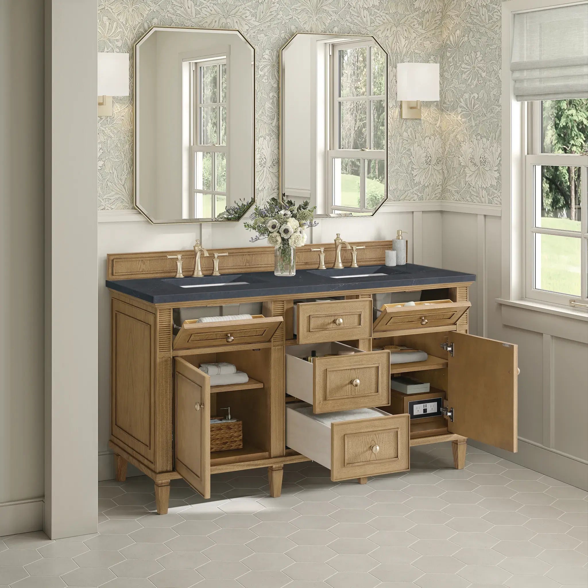 60" Lorelai Double Vanity in Light Natural Oak-Charcoal Soapstone Silestone-8" Widespread image 4