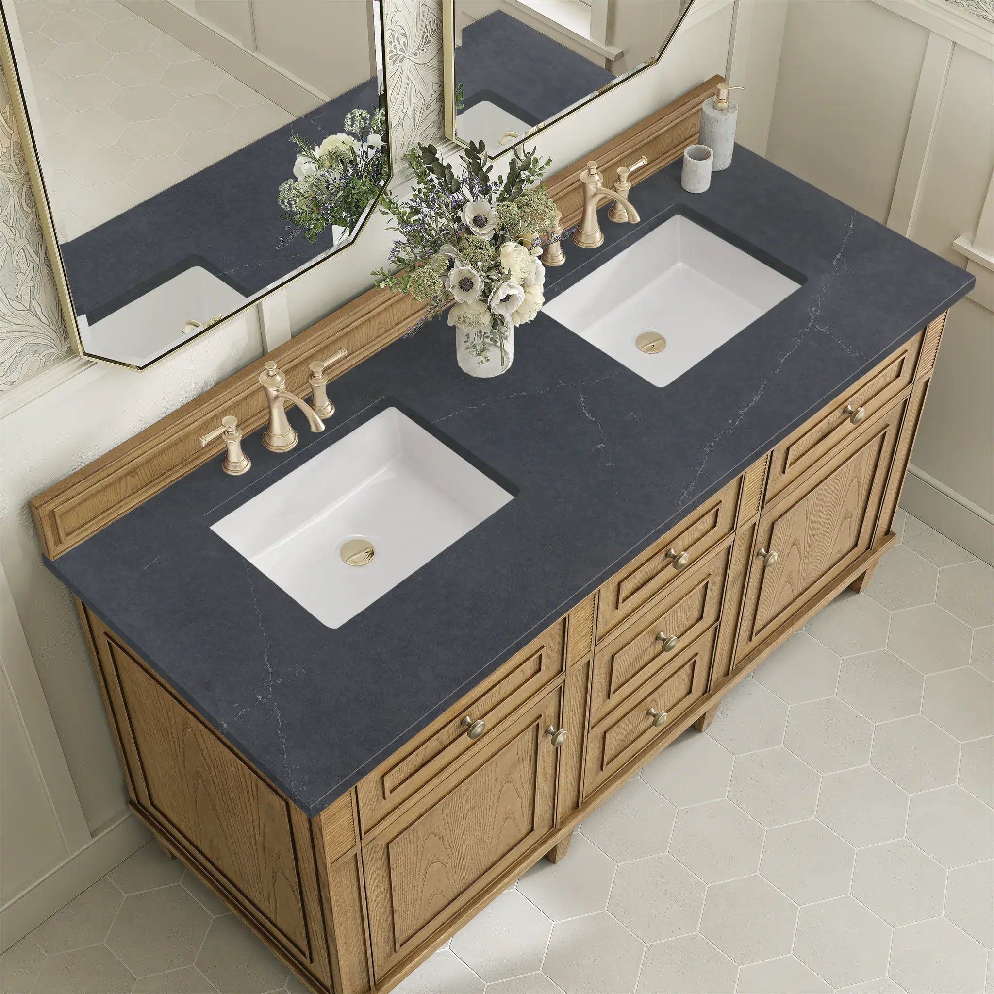 60" Lorelai Double Vanity in Light Natural Oak-Charcoal Soapstone Silestone-8" Widespread image 6