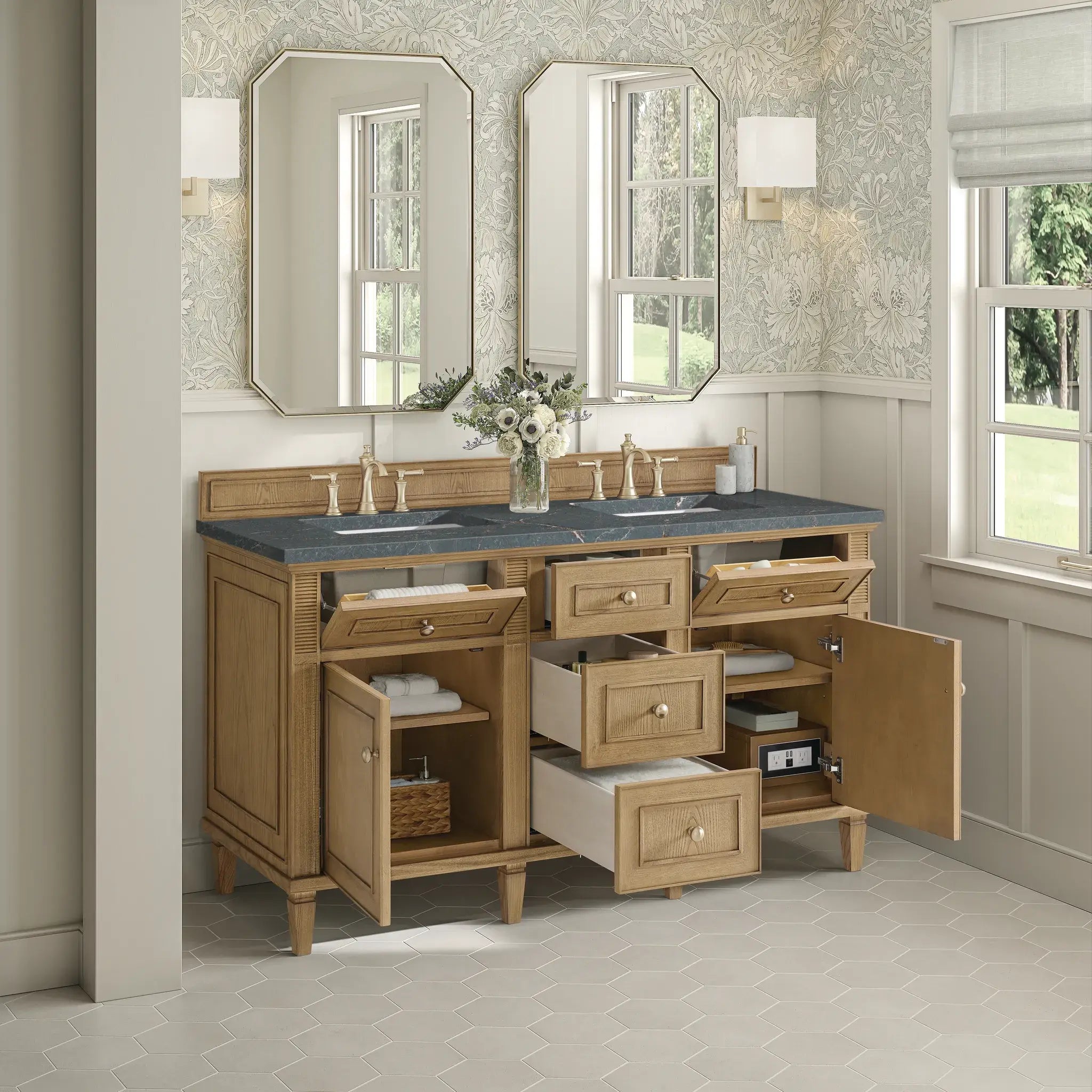 60" Lorelai Double Vanity in Light Natural Oak-Parisien Bleu Silestone-8" Widespread image 4