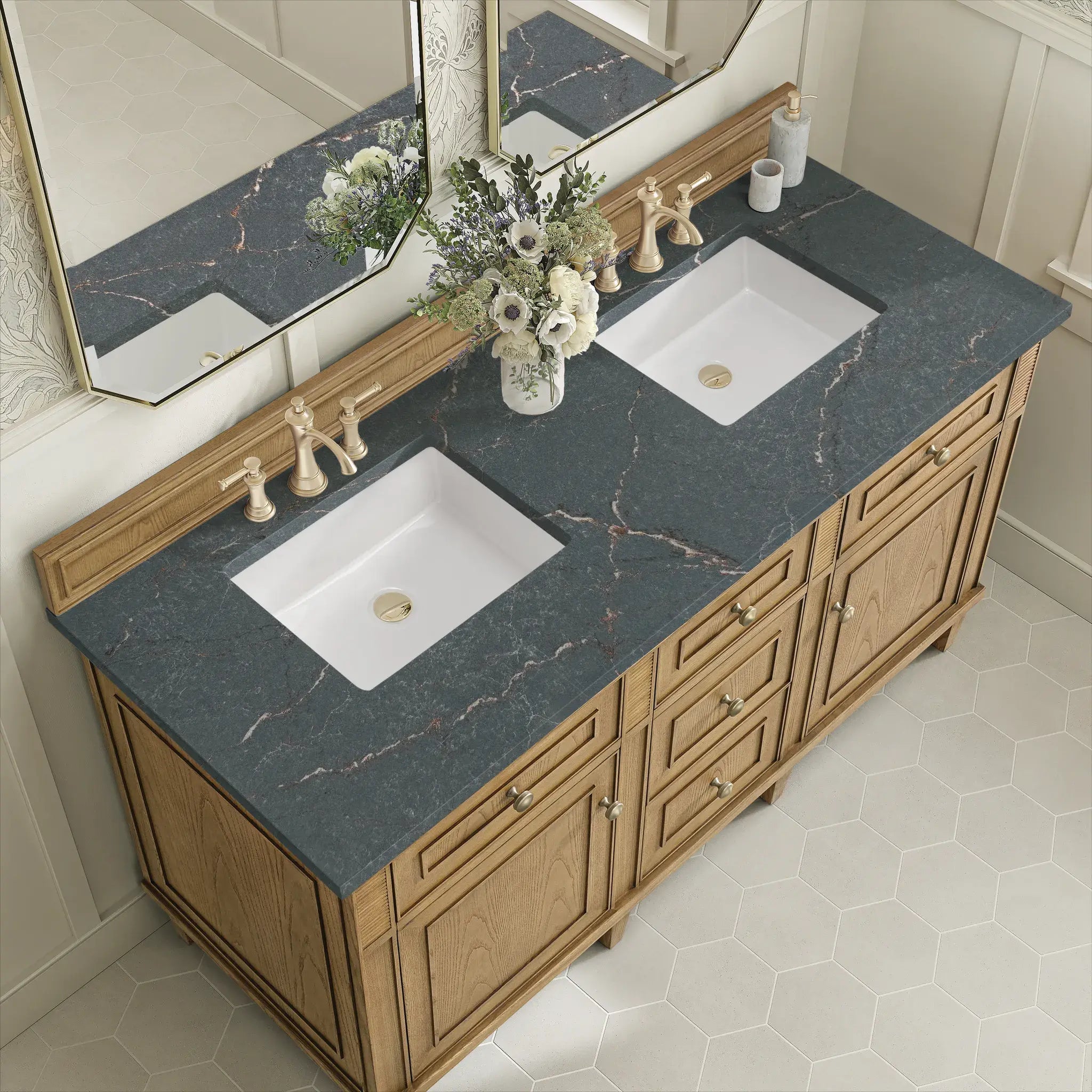 60" Lorelai Double Vanity in Light Natural Oak-Parisien Bleu Silestone-8" Widespread image 6