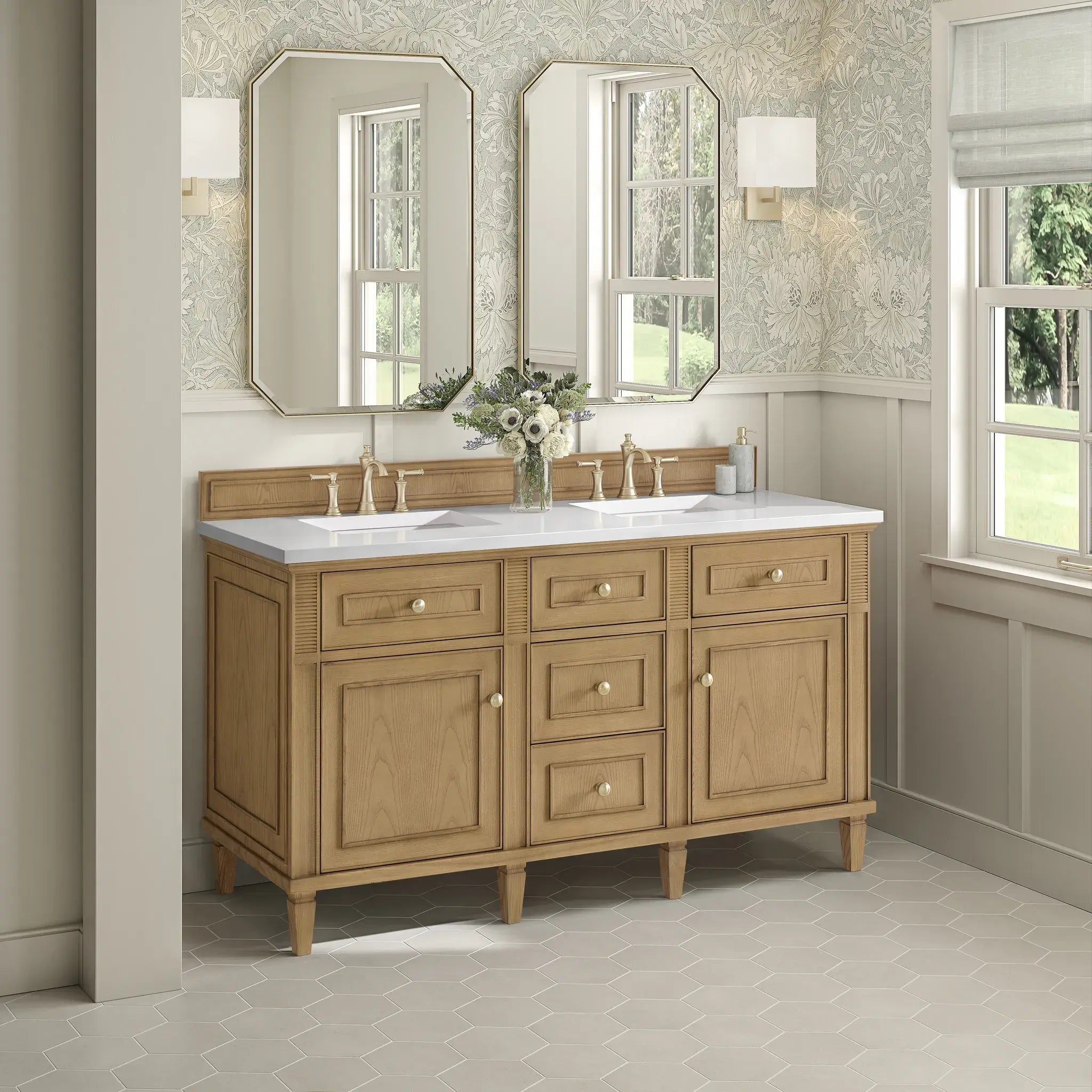 60" Lorelai Double Vanity in Light Natural Oak-White Zeus Silestone-8" Widespread image 3