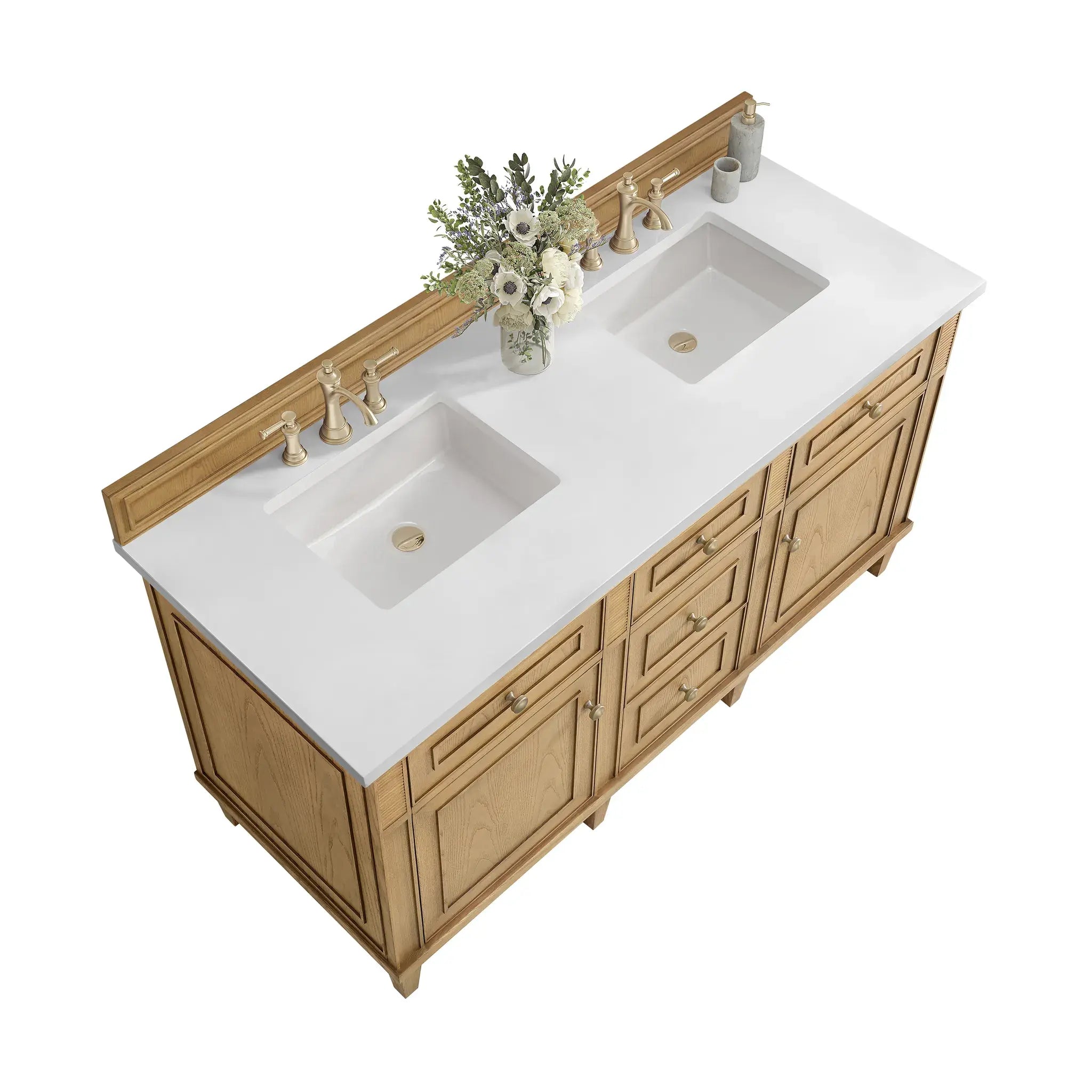 60" Lorelai Double Vanity in Light Natural Oak-White Zeus Silestone-8" Widespread image 7