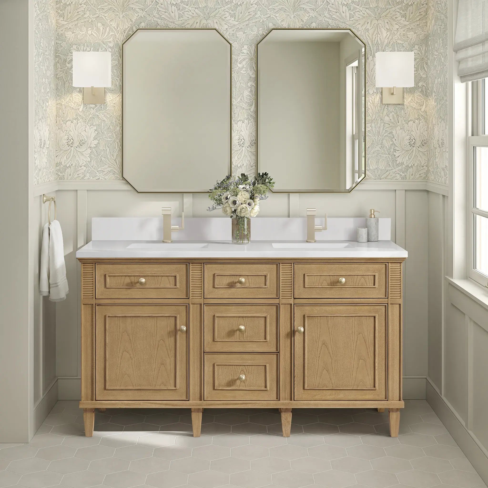 60" Lorelai Double Vanity in Light Natural Oak-White Zeus Silestone & Backsplash-Single Hole image 1