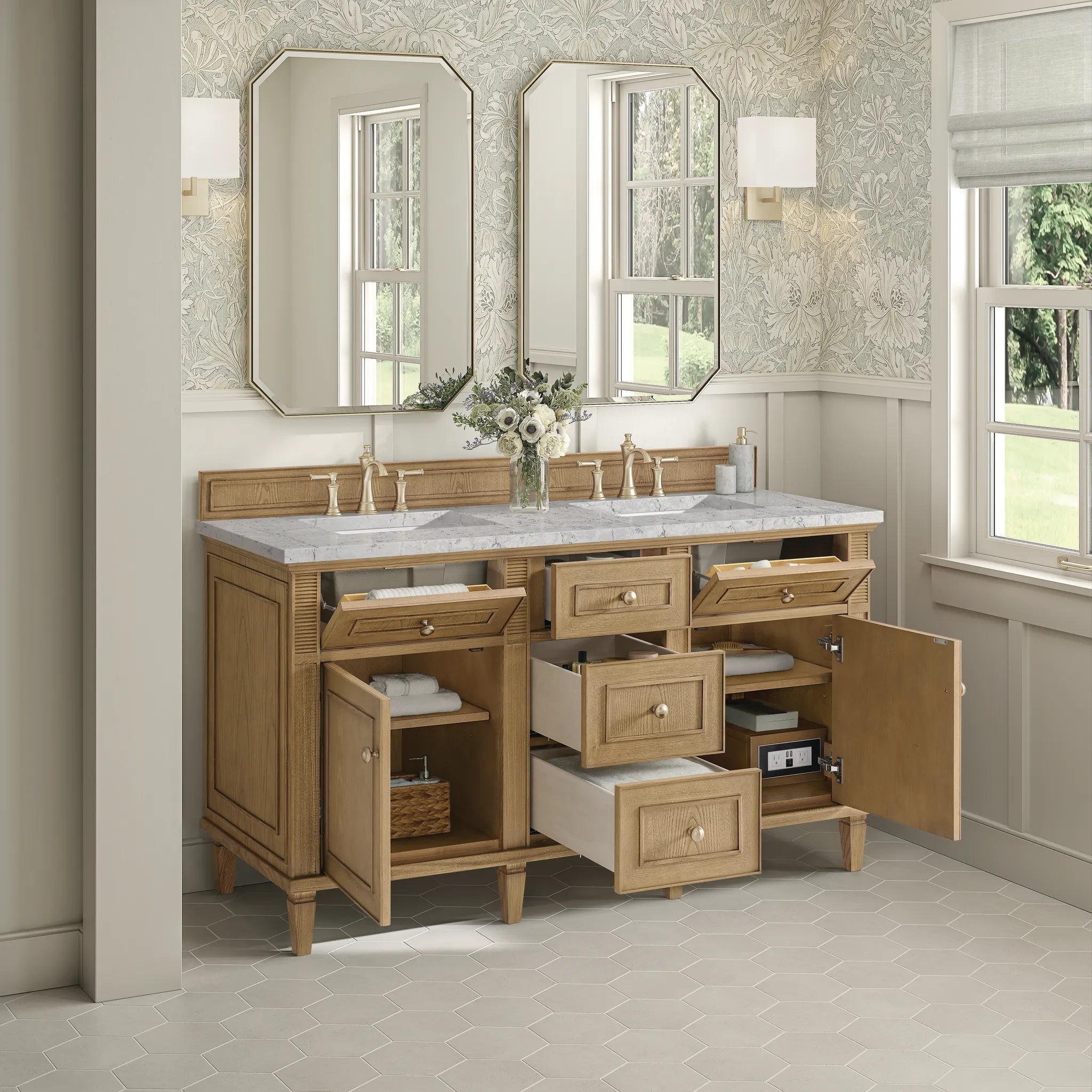 60" Lorelai Double Vanity in Light Natural Oak Wireless Charger-Eternal Jasmine Pearl Silestone-8" Widespread image 7