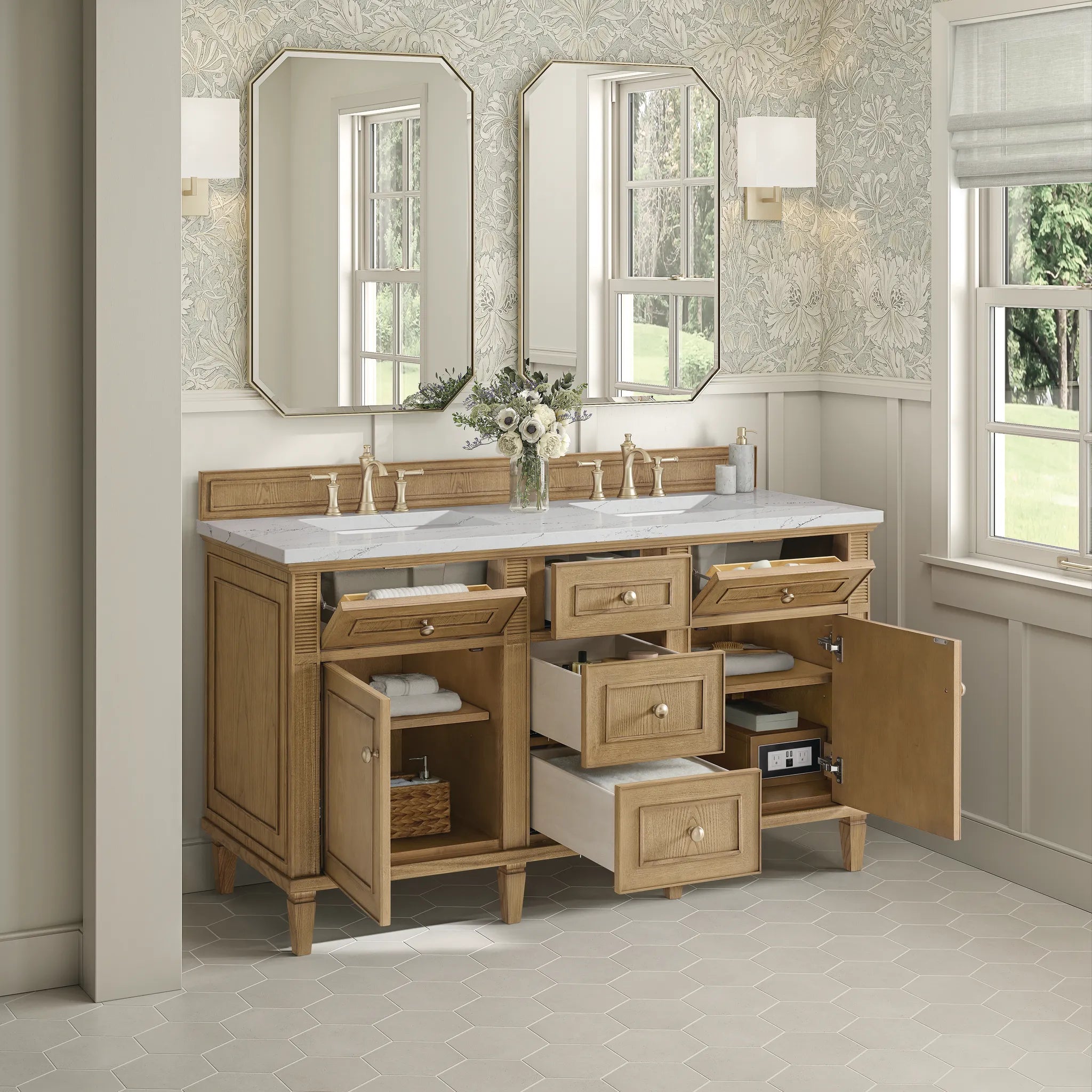 60" Lorelai Double Vanity in Light Natural Oak Wireless Charger-Ethereal Noctis Silestone-8" Widespread image 7