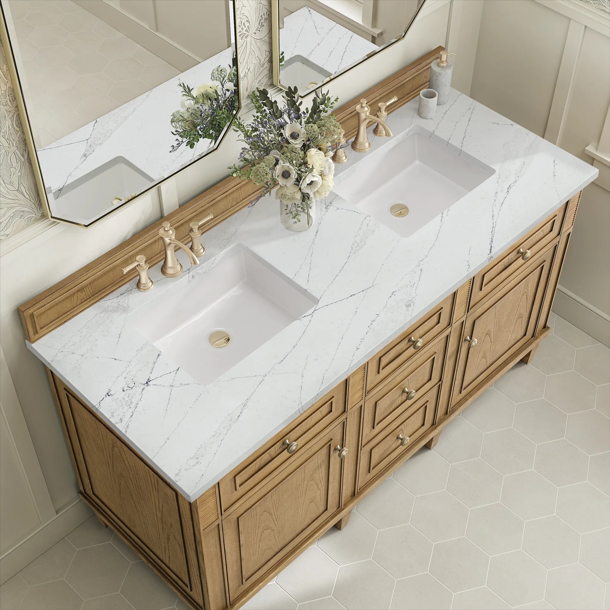 60" Lorelai Double Vanity in Light Natural Oak Wireless Charger-Ethereal Noctis Silestone-8" Widespread image 9