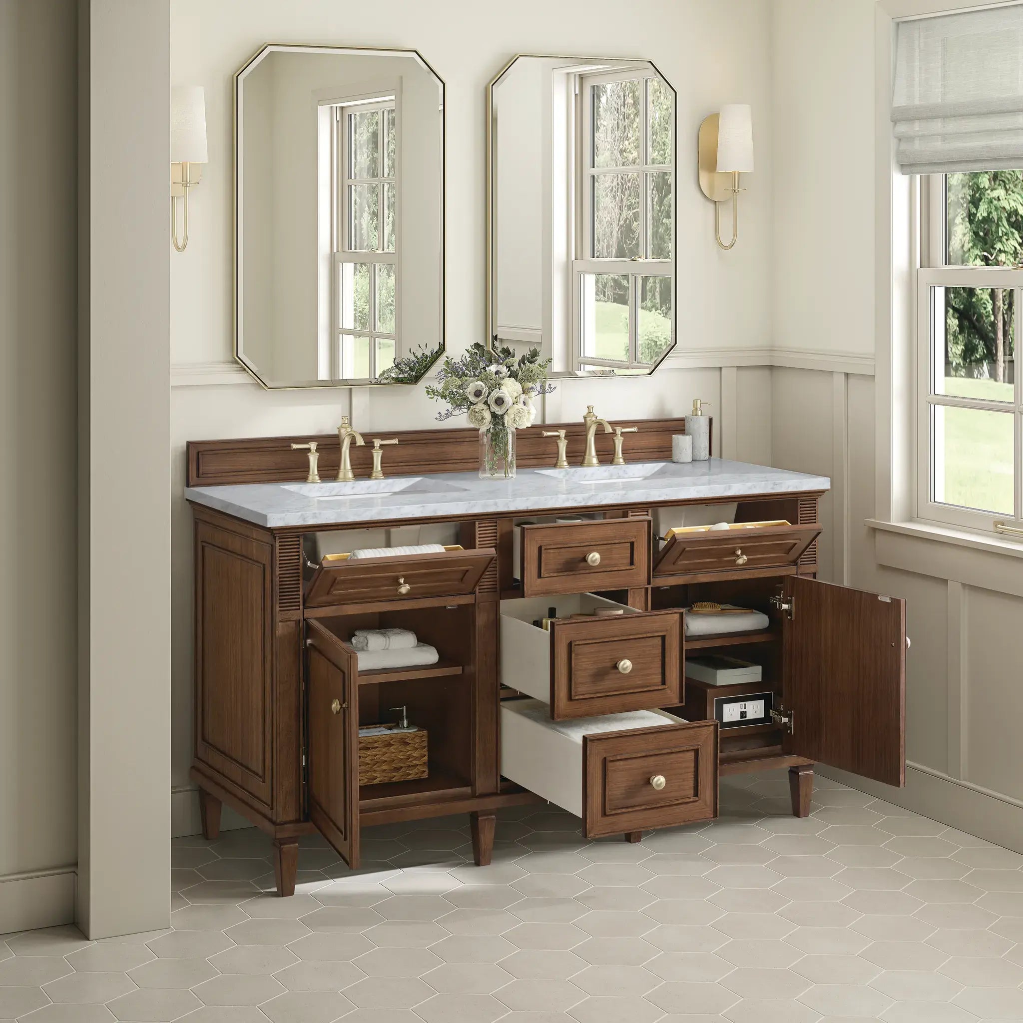 60" Lorelai Double Vanity in Mid-Century Walnut-Carrara White Marble-8" Widespread image 4