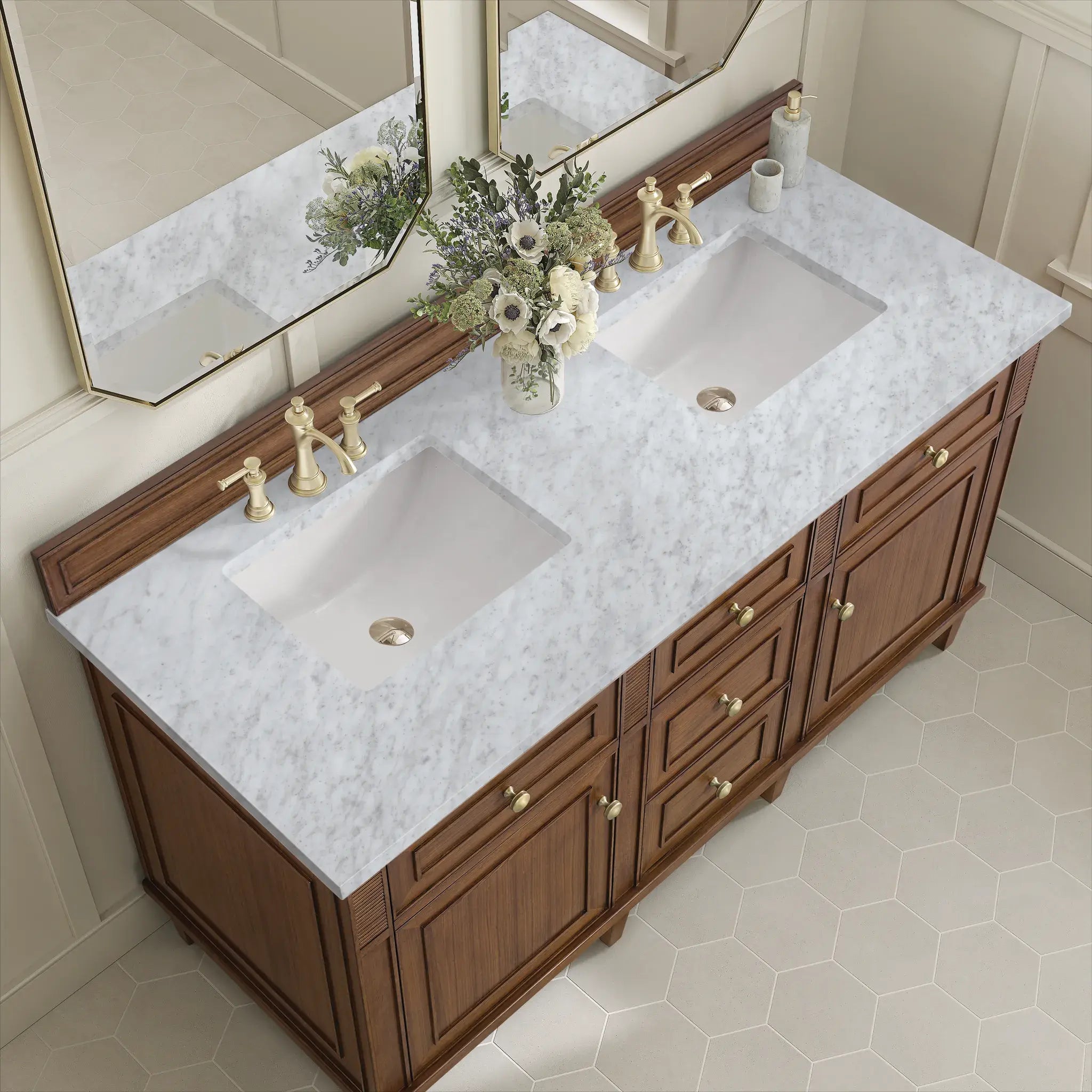 60" Lorelai Double Vanity in Mid-Century Walnut-Carrara White Marble-8" Widespread image 6