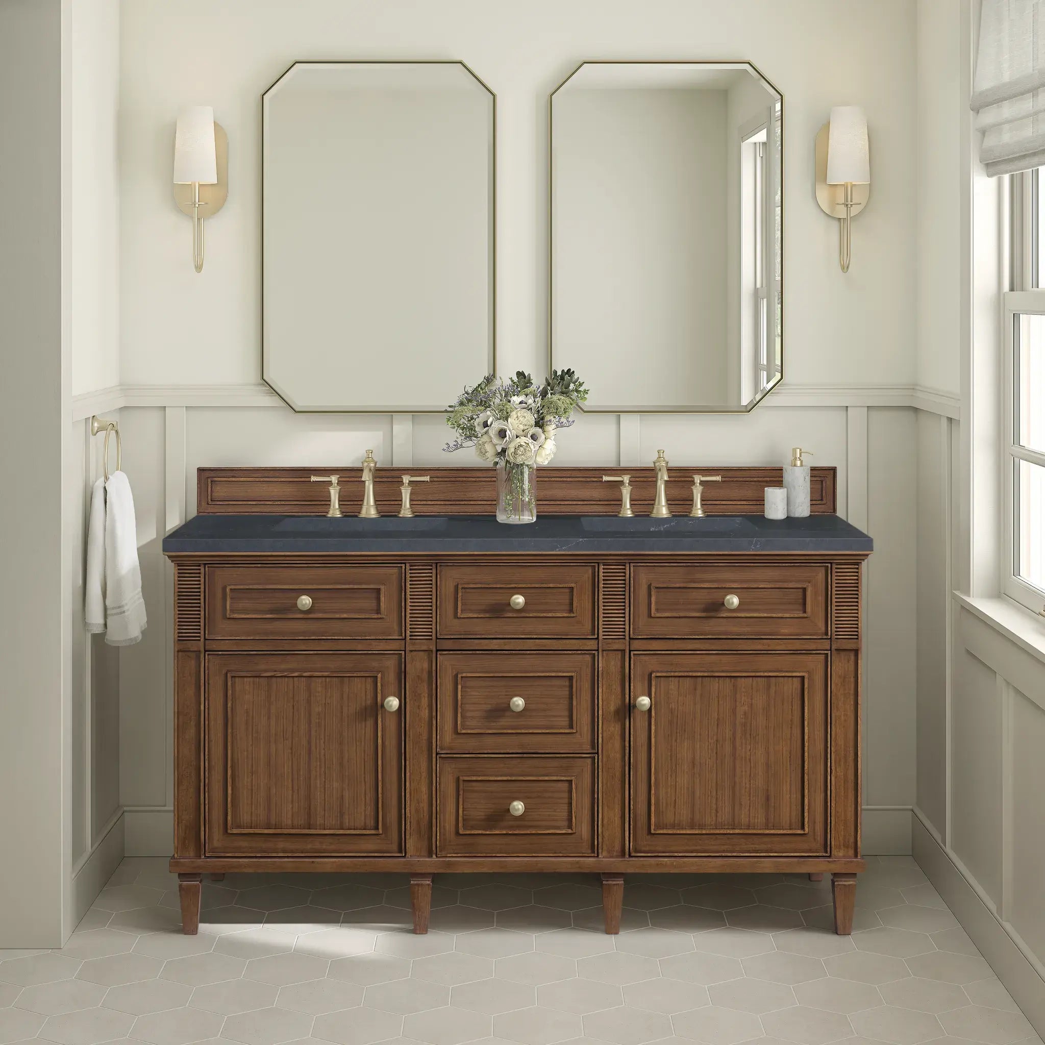 60" Lorelai Double Vanity in Mid-Century Walnut-Charcoal Soapstone Silestone-8" Widespread image 2