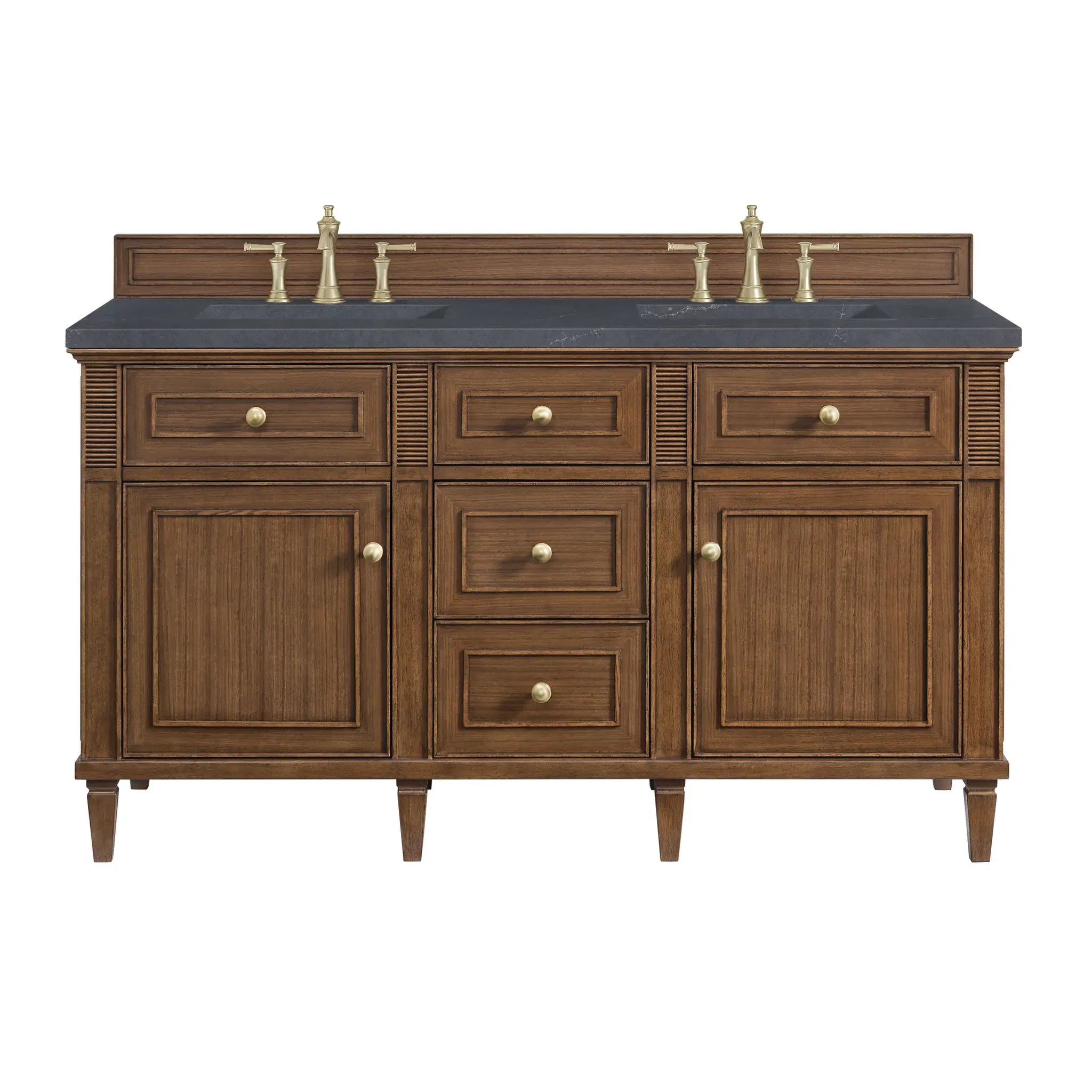 60" Lorelai Double Vanity in Mid-Century Walnut-Charcoal Soapstone Silestone-8" Widespread image