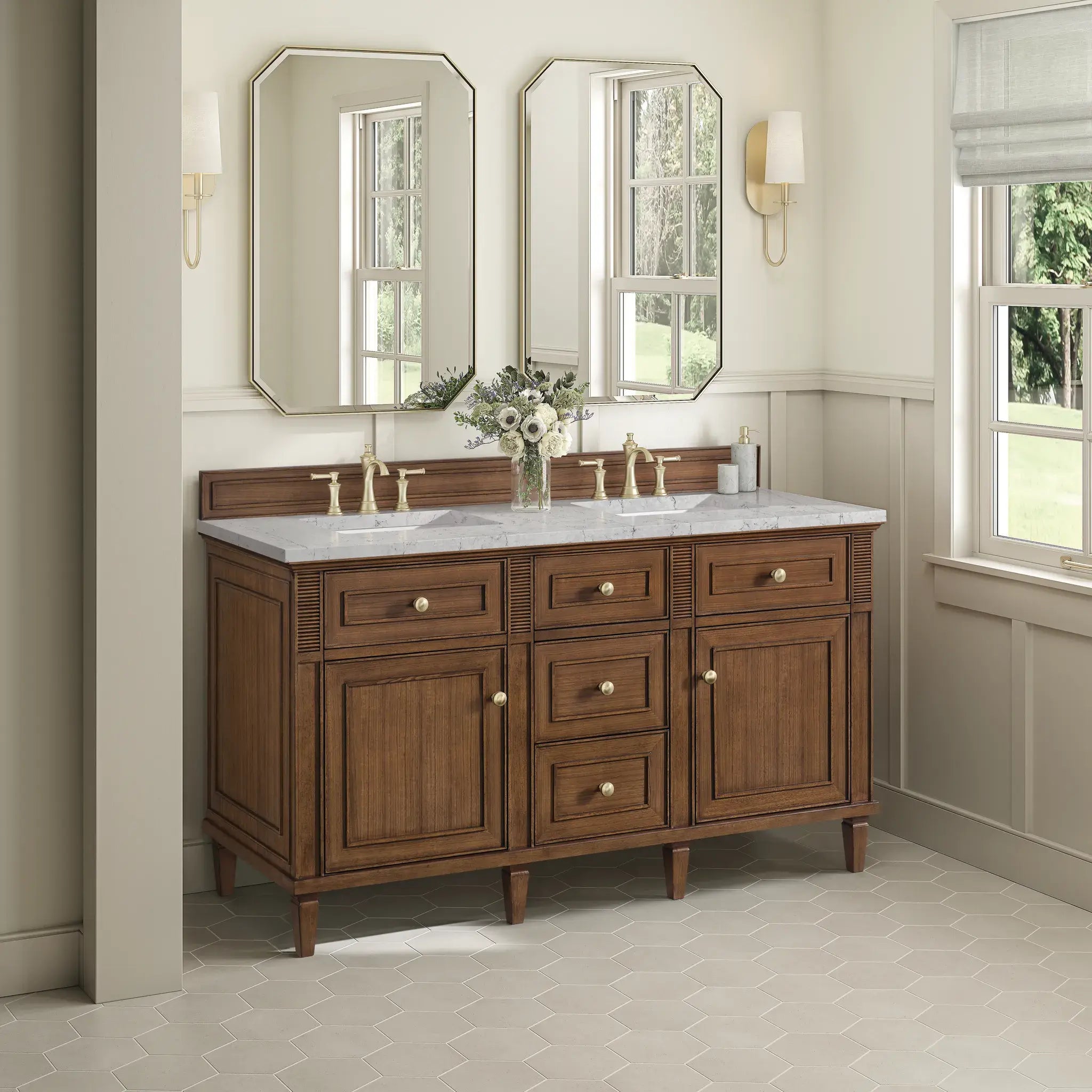 60" Lorelai Double Vanity in Mid-Century Walnut-Eternal Jasmine Pearl Silestone-8" Widespread image 3