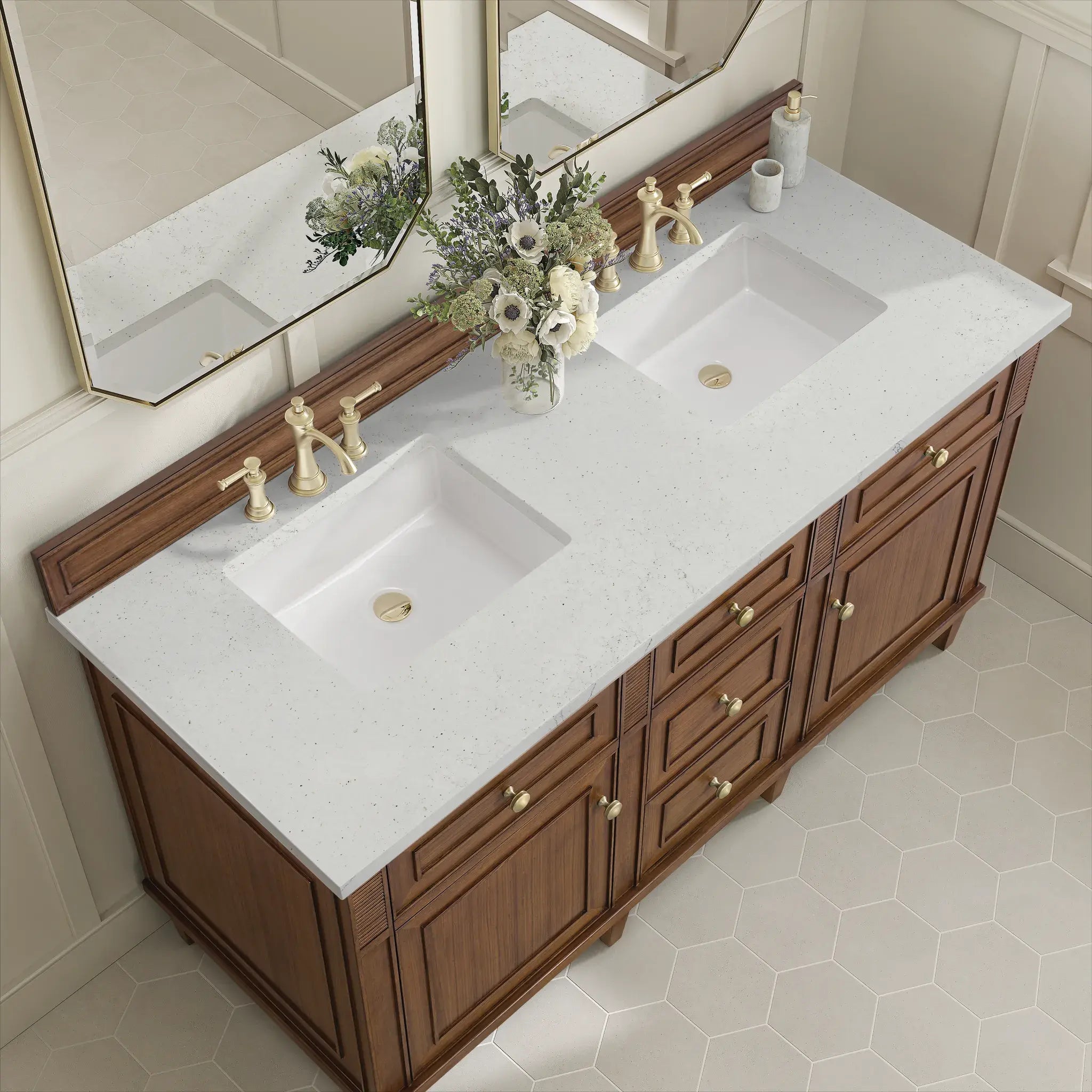 60" Lorelai Double Vanity in Mid-Century Walnut-Lime Delight Silestone-8" Widespread image 6
