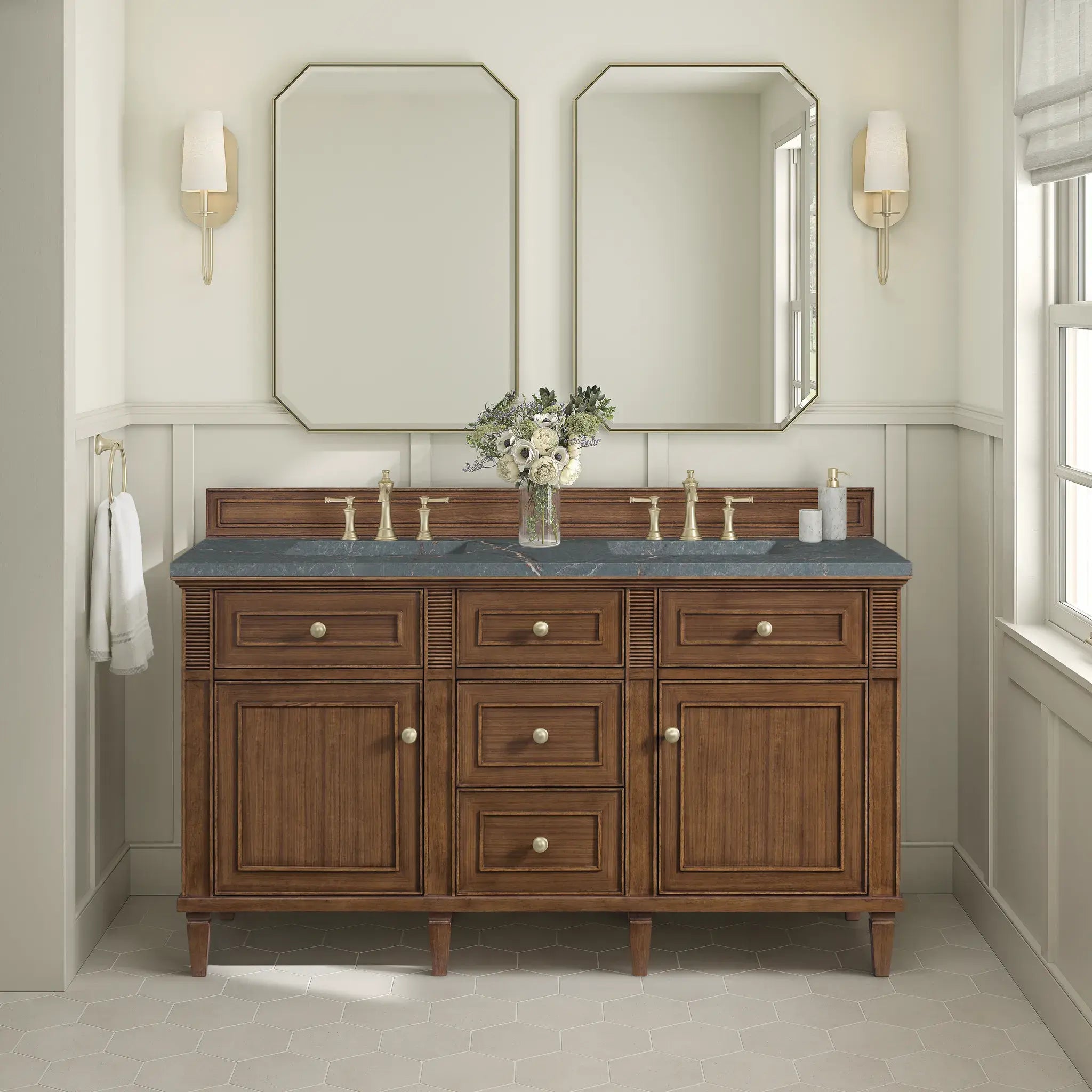 60" Lorelai Double Vanity in Mid-Century Walnut-Parisien Bleu Silestone-8" Widespread image 2