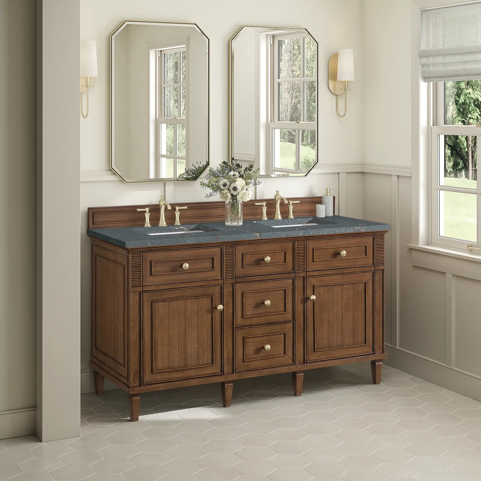 60" Lorelai Double Vanity in Mid-Century Walnut-Parisien Bleu Silestone-8" Widespread image 3