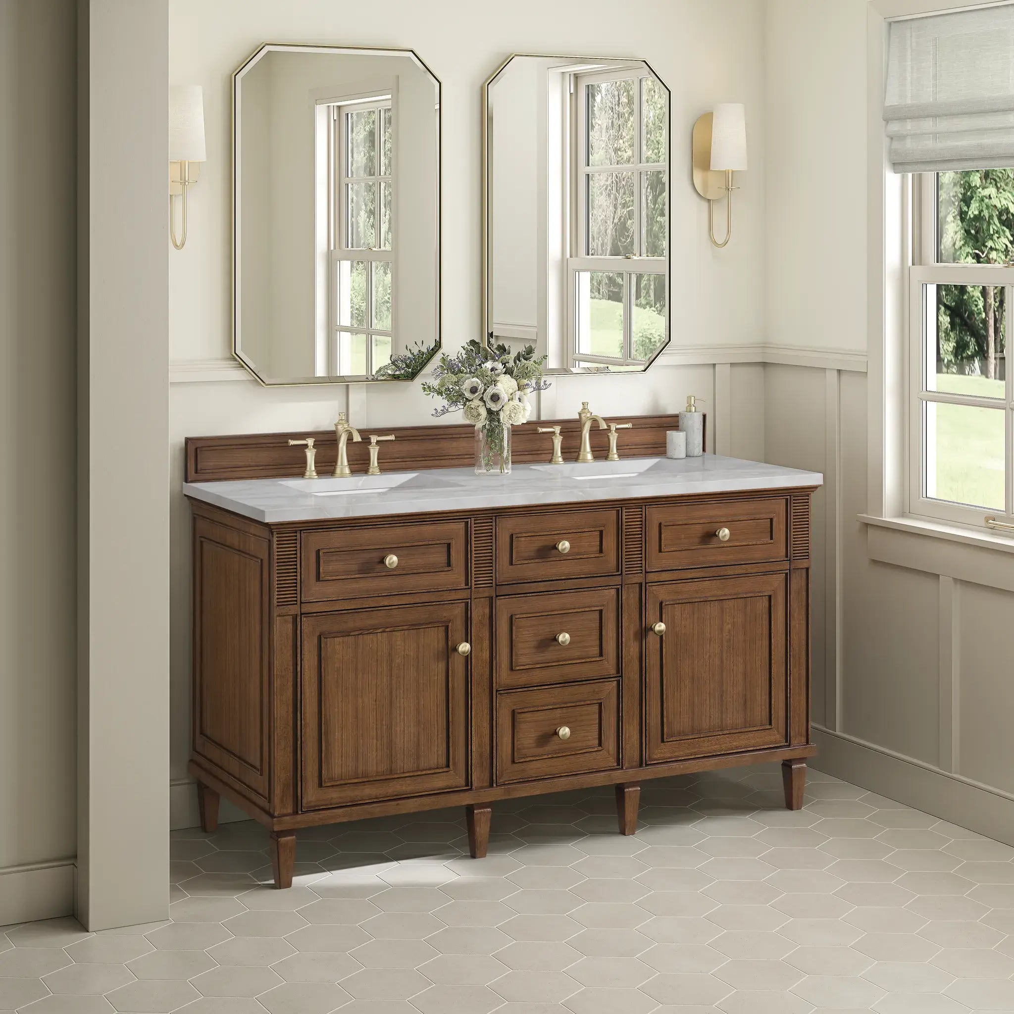 60" Lorelai Double Vanity in Mid-Century Walnut-Victorian Silver Silestone-8" Widespread image 3