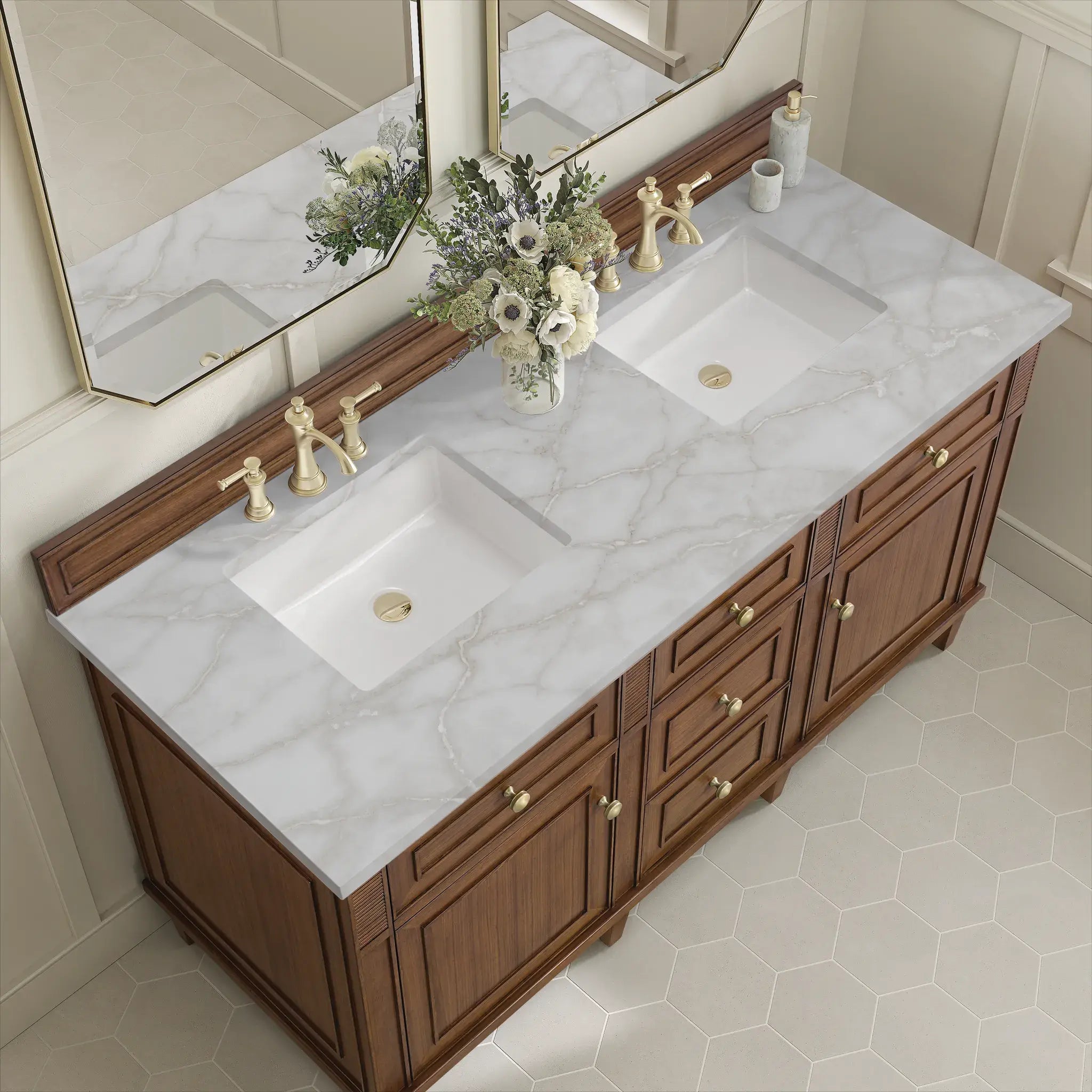 60" Lorelai Double Vanity in Mid-Century Walnut-Victorian Silver Silestone-8" Widespread image 6