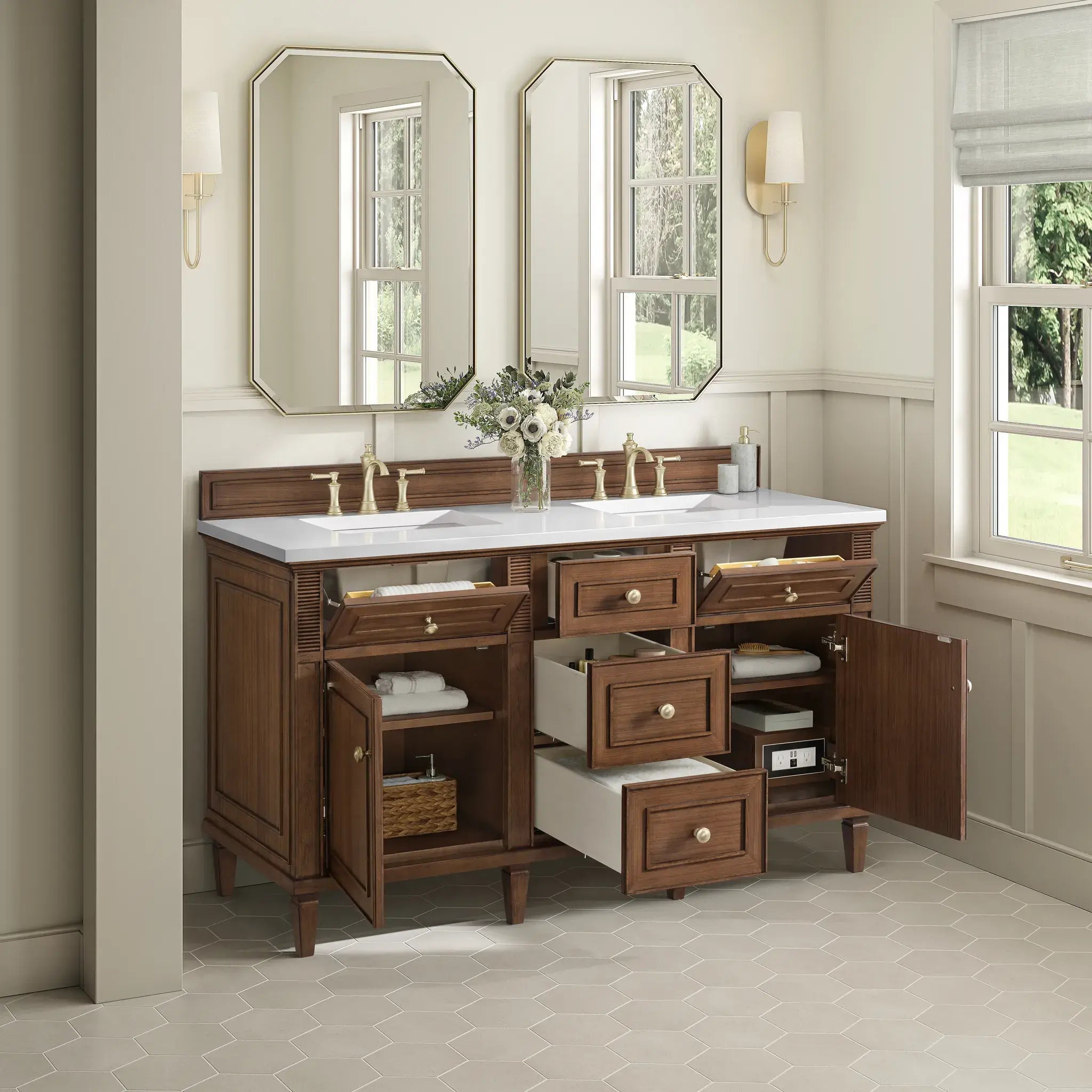 60" Lorelai Double Vanity in Mid-Century Walnut-White Zeus Silestone-8" Widespread image 4