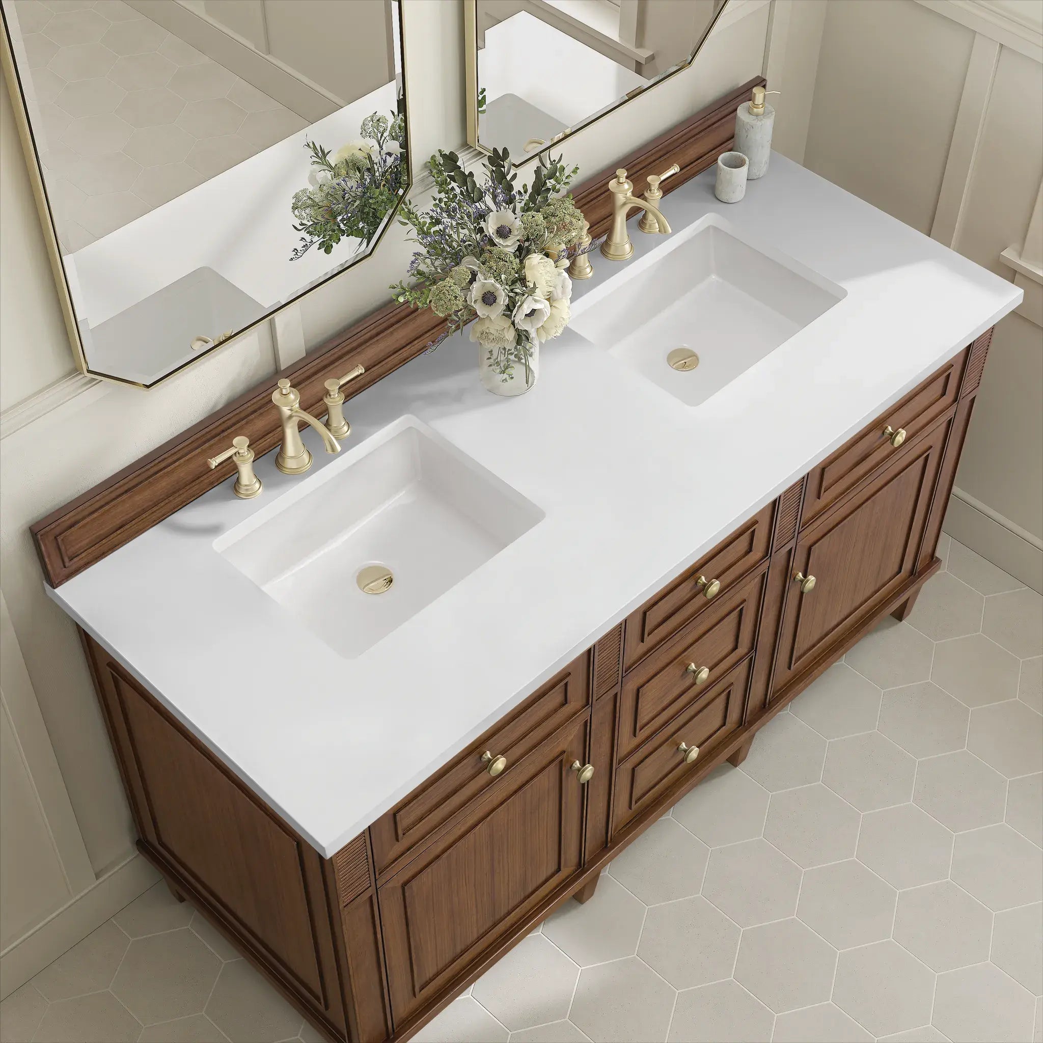 60" Lorelai Double Vanity in Mid-Century Walnut-White Zeus Silestone-8" Widespread image 7