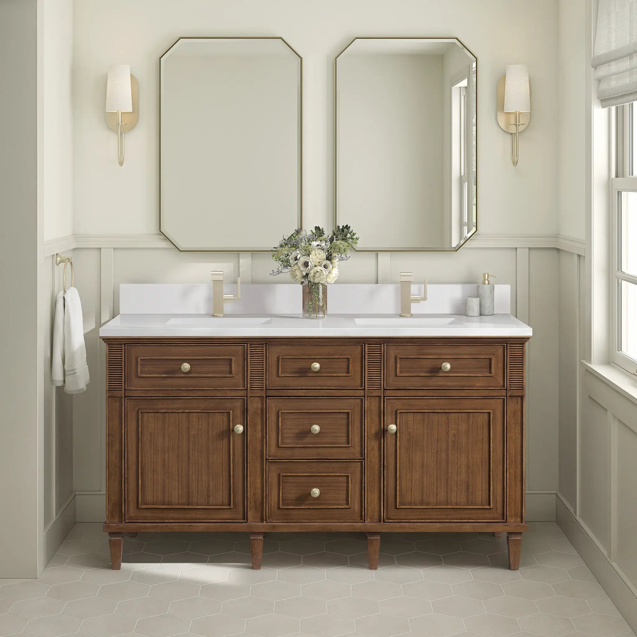 60" Lorelai Double Vanity in Mid-Century Walnut-White Zeus Silestone & Backsplash-Single Hole image 1