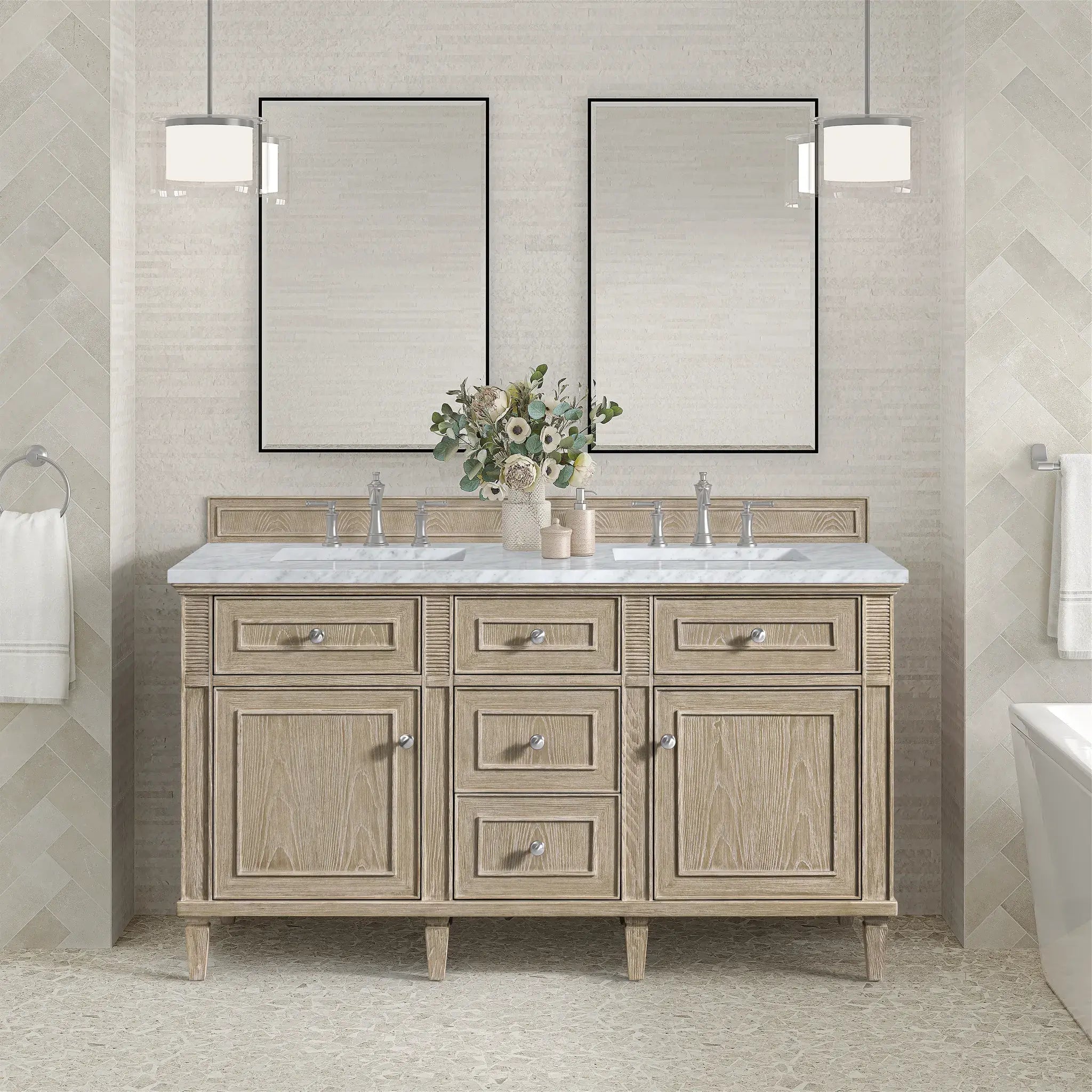 60" Lorelai Double Vanity in Whitewashed Oak-Carrara White Marble-8" Widespread image 2
