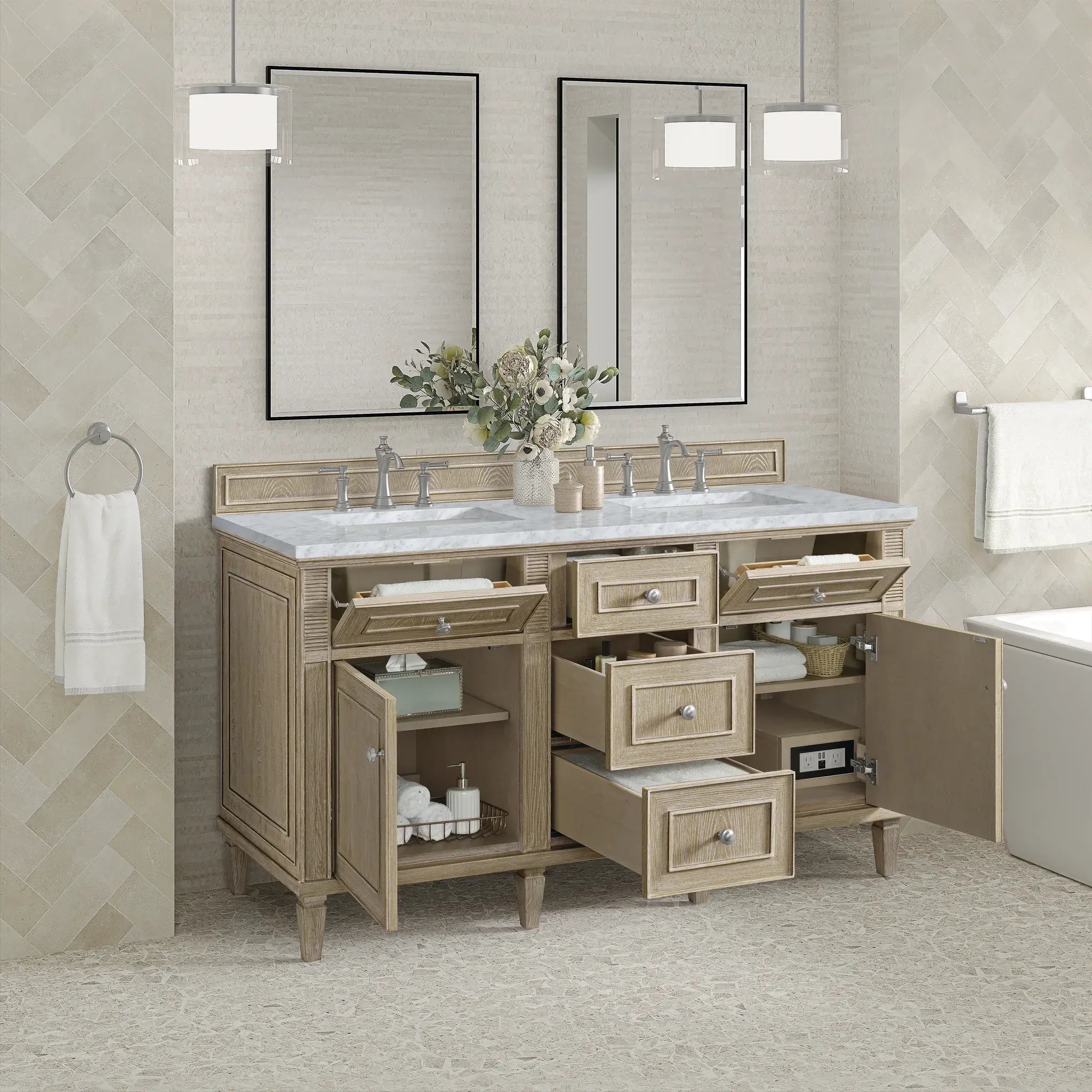 60" Lorelai Double Vanity in Whitewashed Oak-Carrara White Marble-8" Widespread image 4