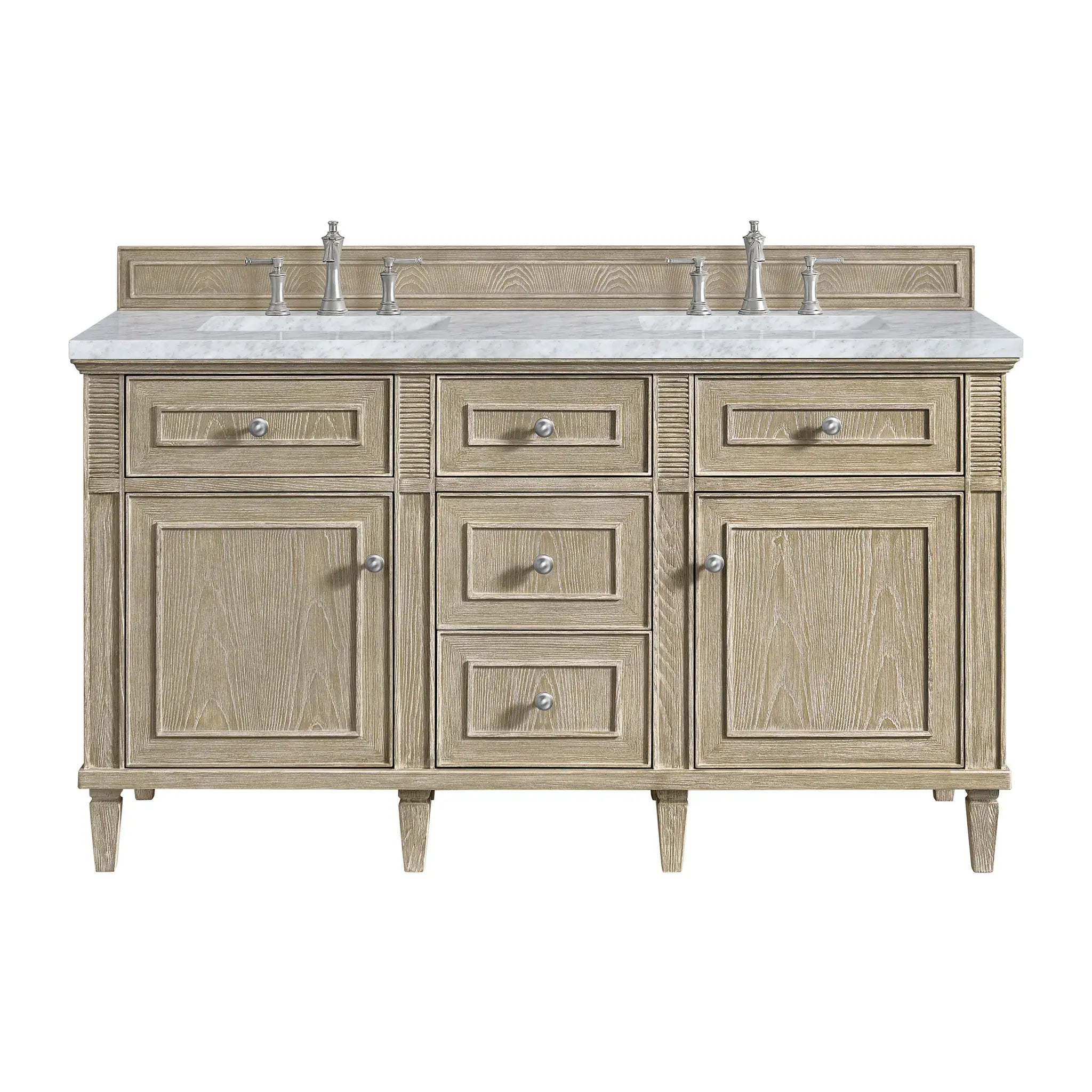 60" Lorelai Double Vanity in Whitewashed Oak-Carrara White Marble-8" Widespread image