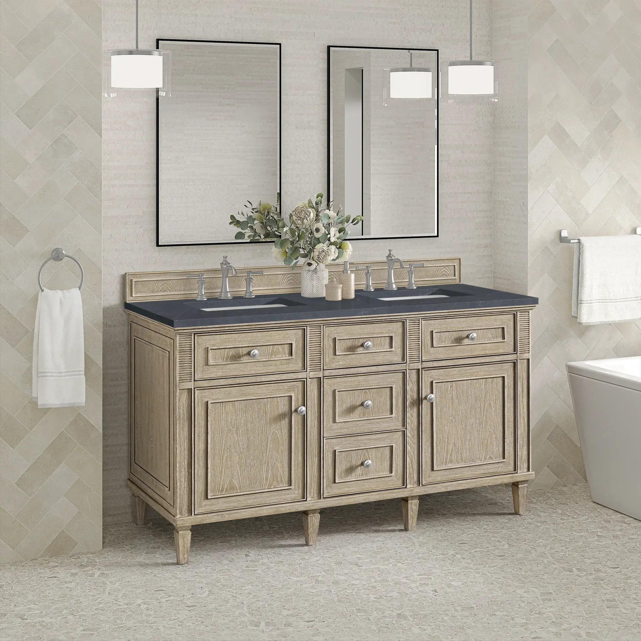 60" Lorelai Double Vanity in Whitewashed Oak-Charcoal Soapstone Silestone-8" Widespread image 3