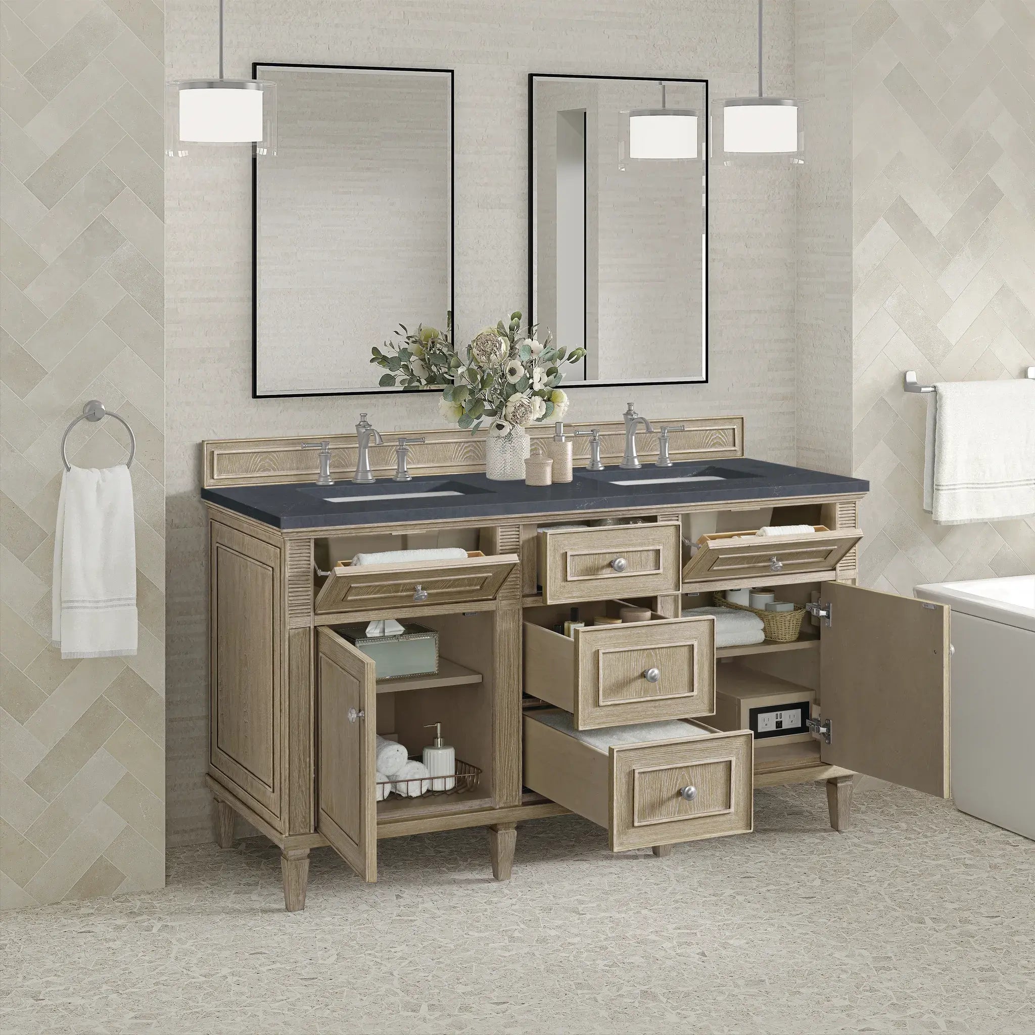60" Lorelai Double Vanity in Whitewashed Oak-Charcoal Soapstone Silestone-8" Widespread image 4