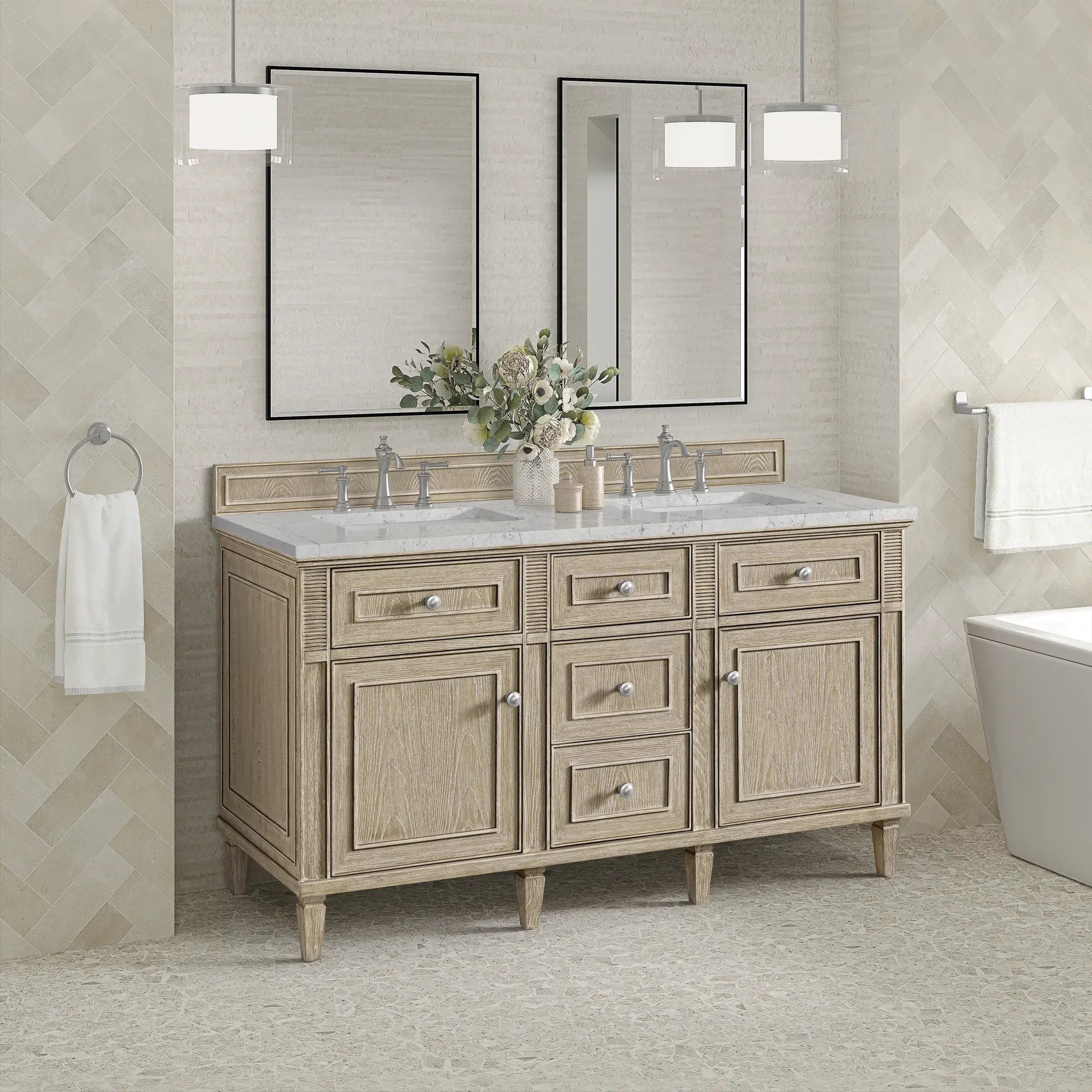 60" Lorelai Double Vanity in Whitewashed Oak-Eternal Jasmine Pearl Silestone-8" Widespread image 3