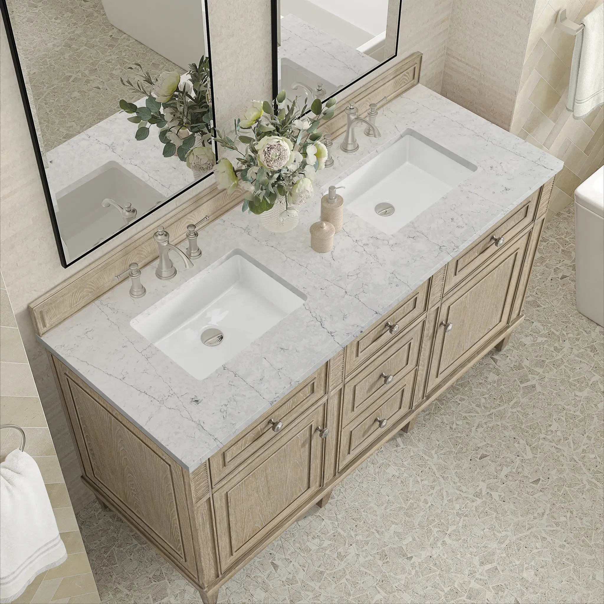 60" Lorelai Double Vanity in Whitewashed Oak-Eternal Jasmine Pearl Silestone-8" Widespread image 6