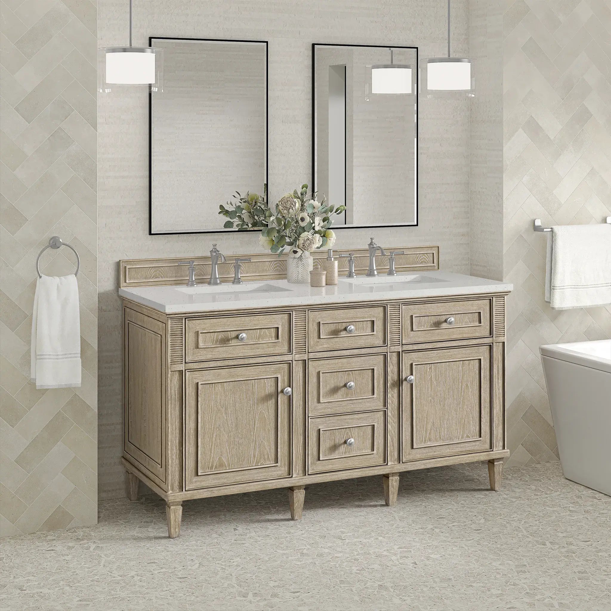 60" Lorelai Double Vanity in Whitewashed Oak-Lime Delight Silestone-8" Widespread image 3