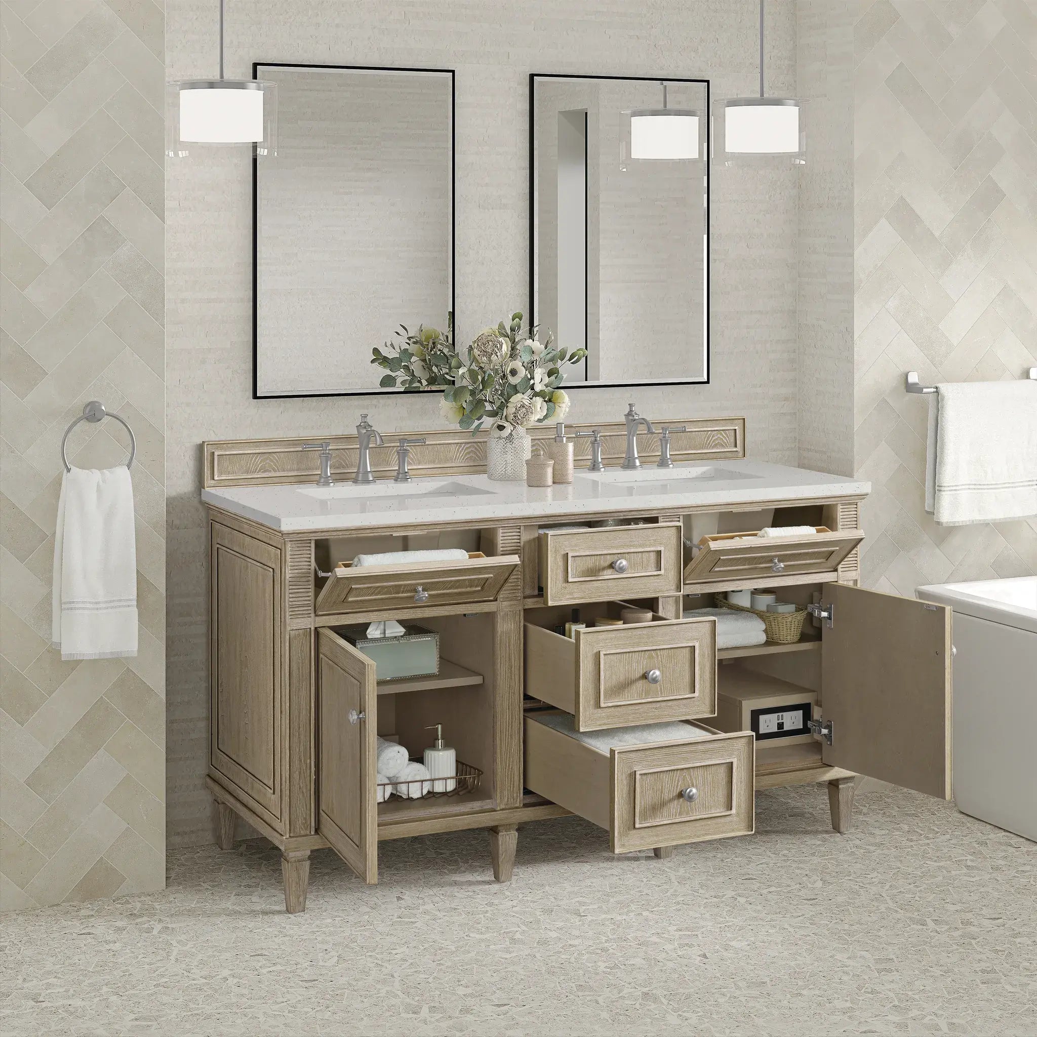 60" Lorelai Double Vanity in Whitewashed Oak-Lime Delight Silestone-8" Widespread image 4