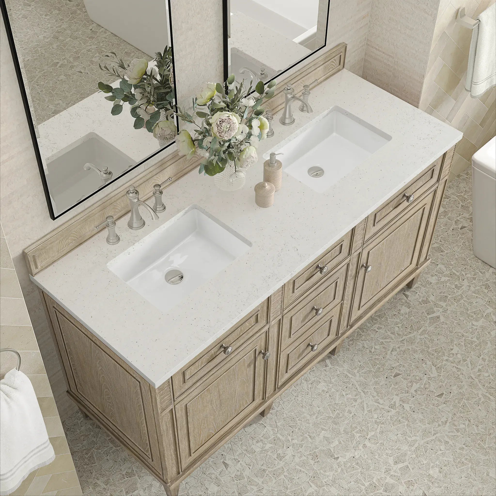 60" Lorelai Double Vanity in Whitewashed Oak-Lime Delight Silestone-8" Widespread image 6