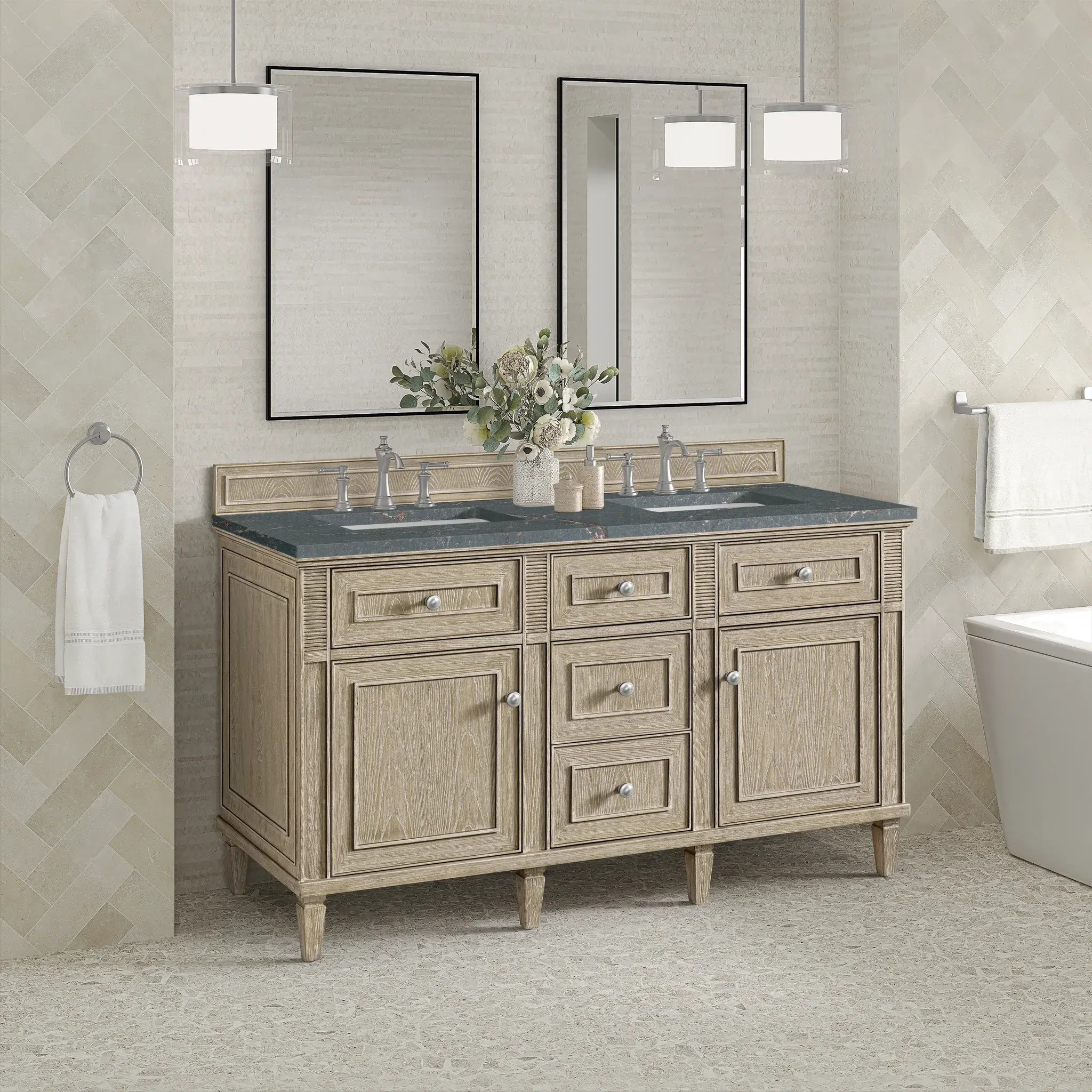 60" Lorelai Double Vanity in Whitewashed Oak-Parisien Bleu Silestone-8" Widespread image 3