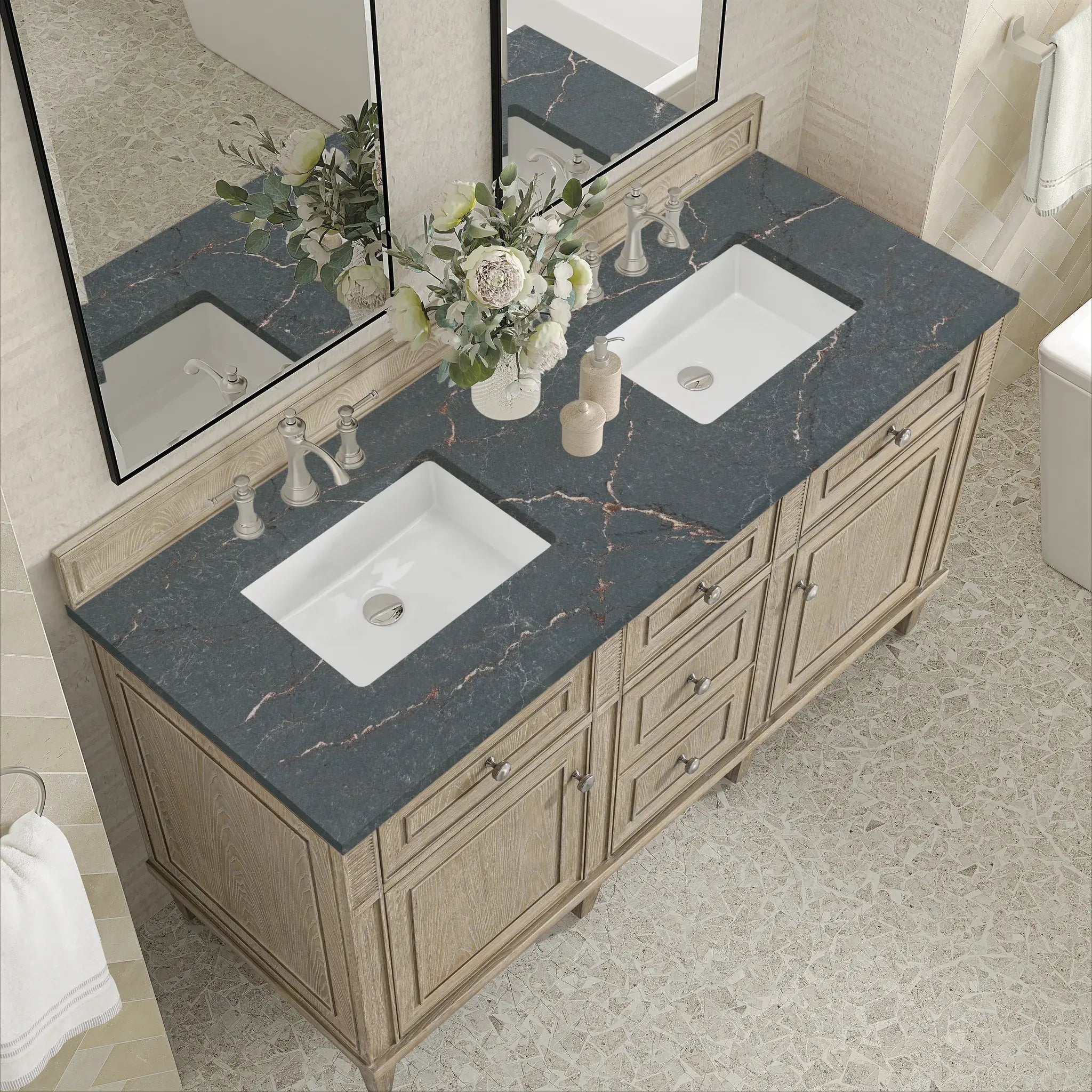 60" Lorelai Double Vanity in Whitewashed Oak-Parisien Bleu Silestone-8" Widespread image 6