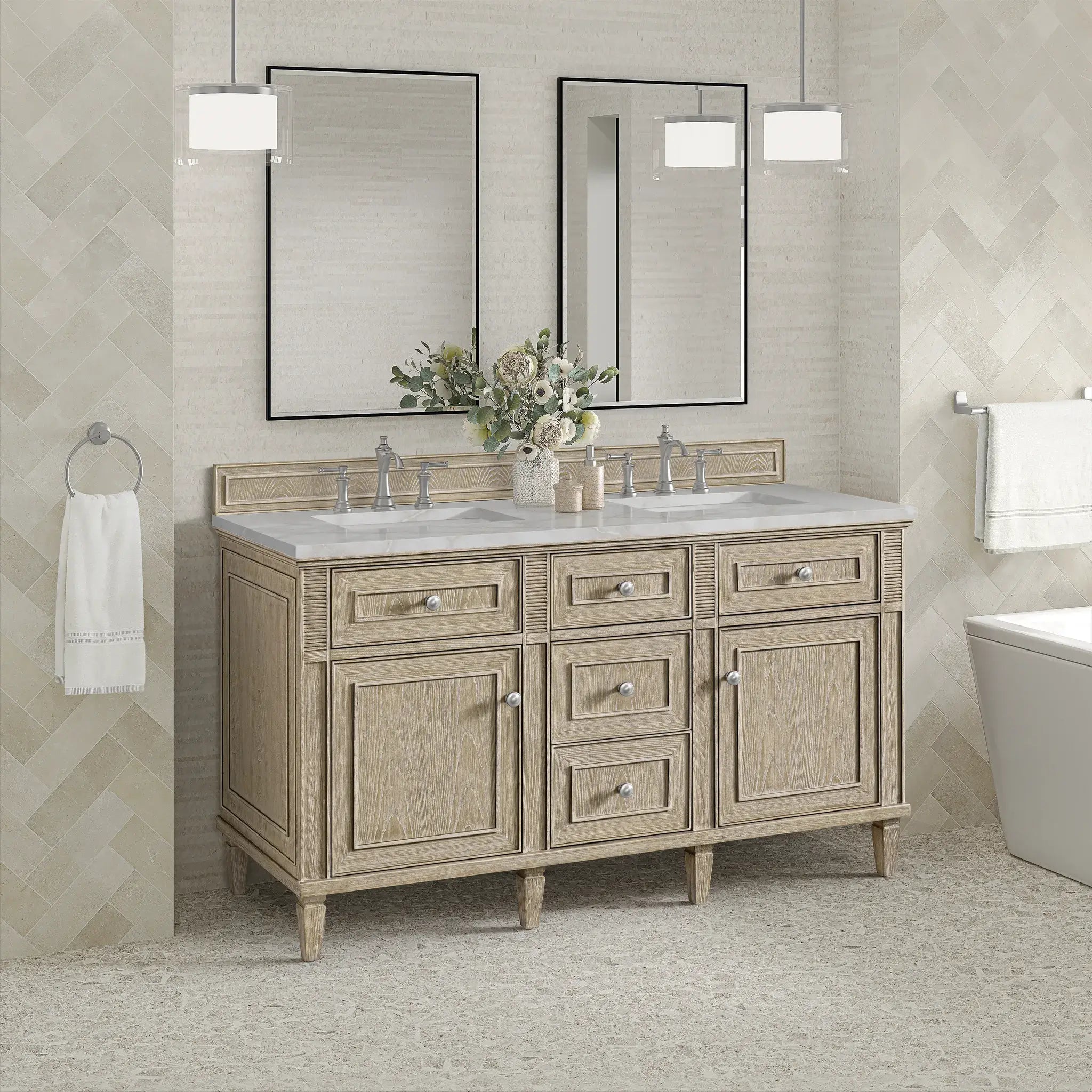 60" Lorelai Double Vanity in Whitewashed Oak-Victorian Silver Silestone-8" Widespread image 3