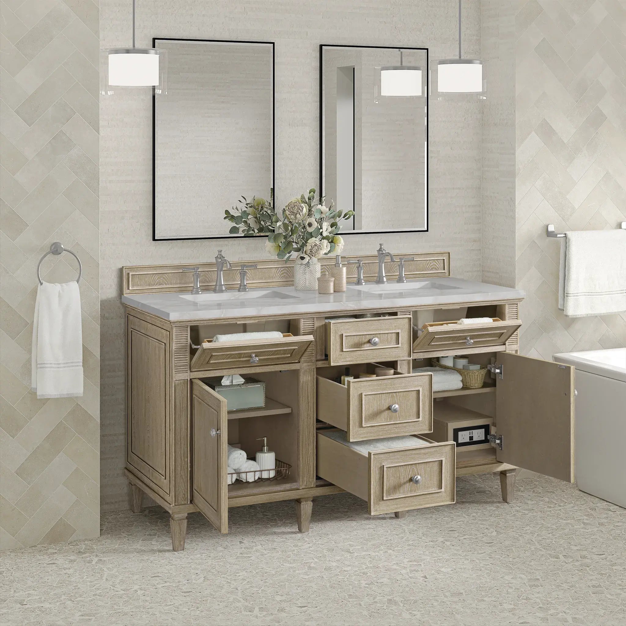 60" Lorelai Double Vanity in Whitewashed Oak-Victorian Silver Silestone-8" Widespread image 4