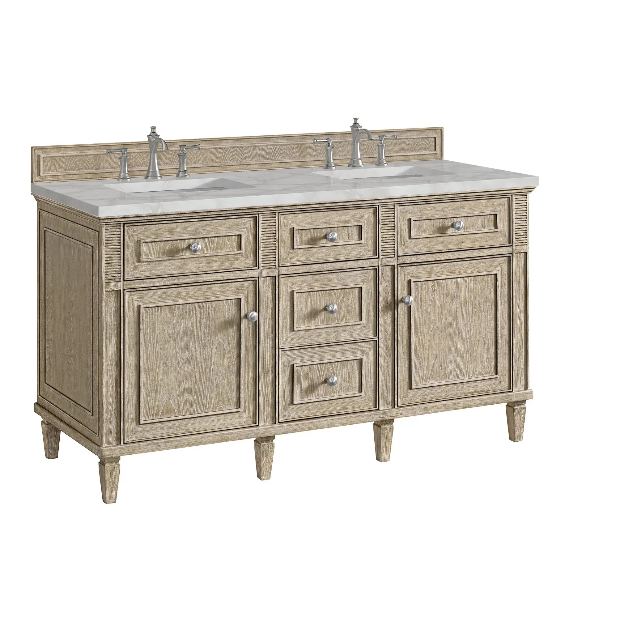 60" Lorelai Double Vanity in Whitewashed Oak-Victorian Silver Silestone-8" Widespread image 9