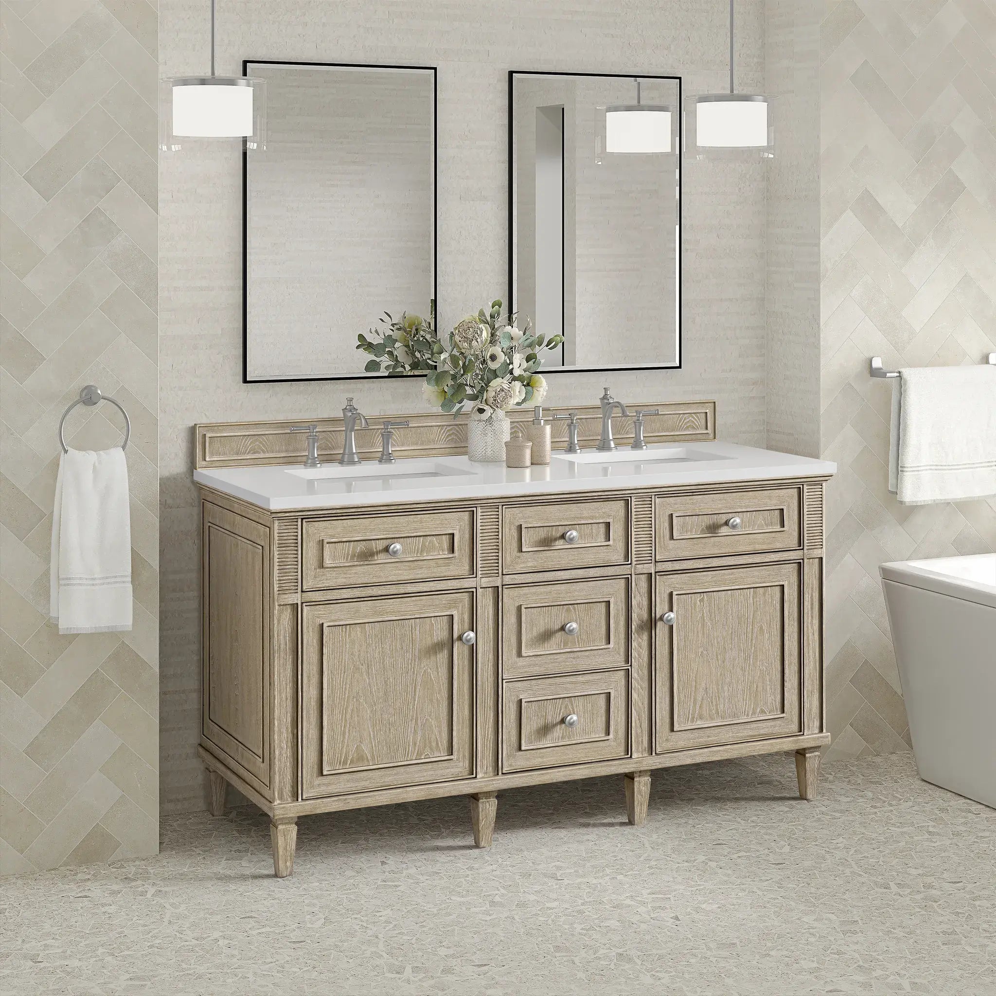 60" Lorelai Double Vanity in Whitewashed Oak-White Zeus Silestone-8" Widespread image 3